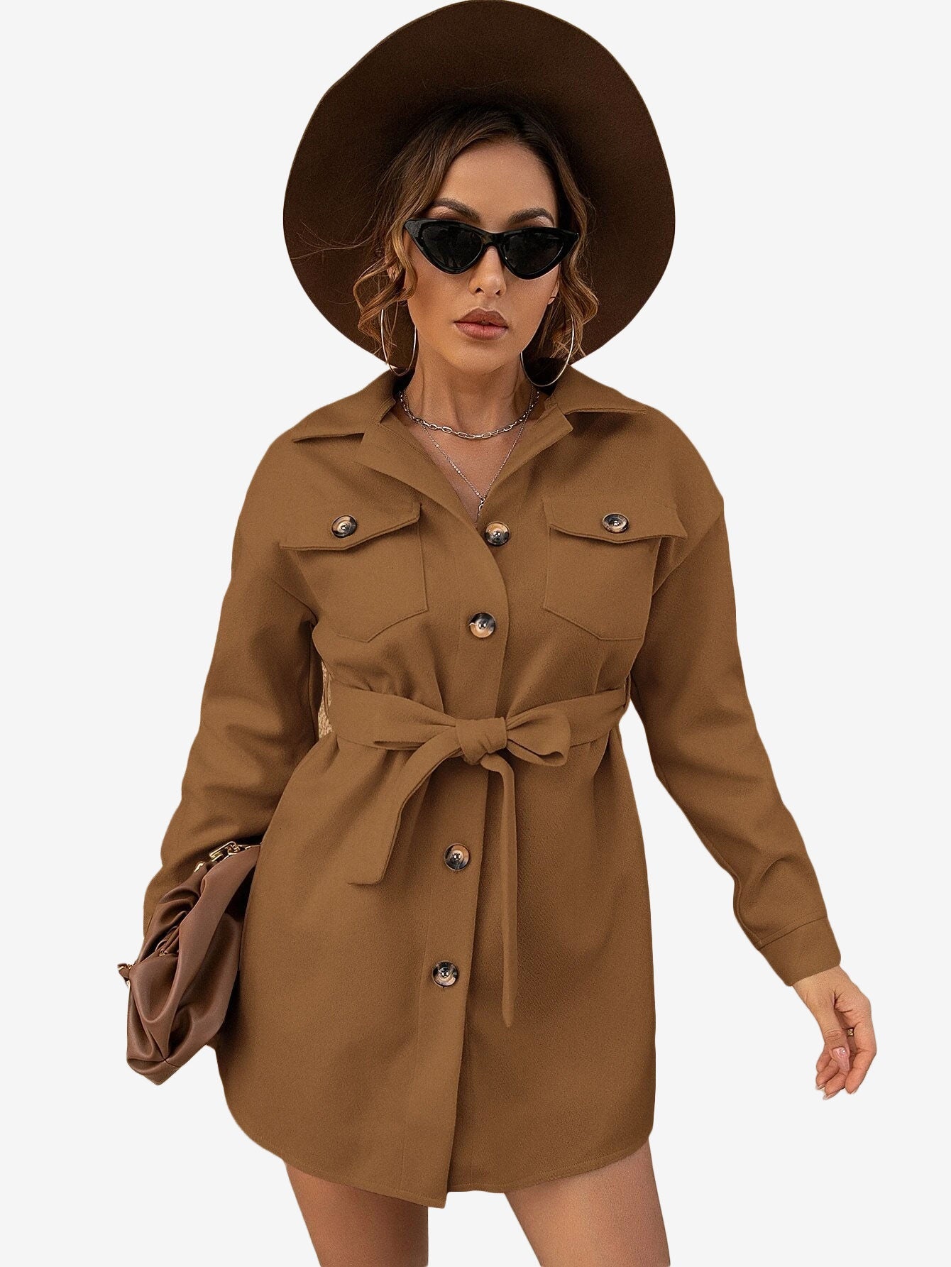 Drop Shoulder Flap Pocket Belted Overcoat