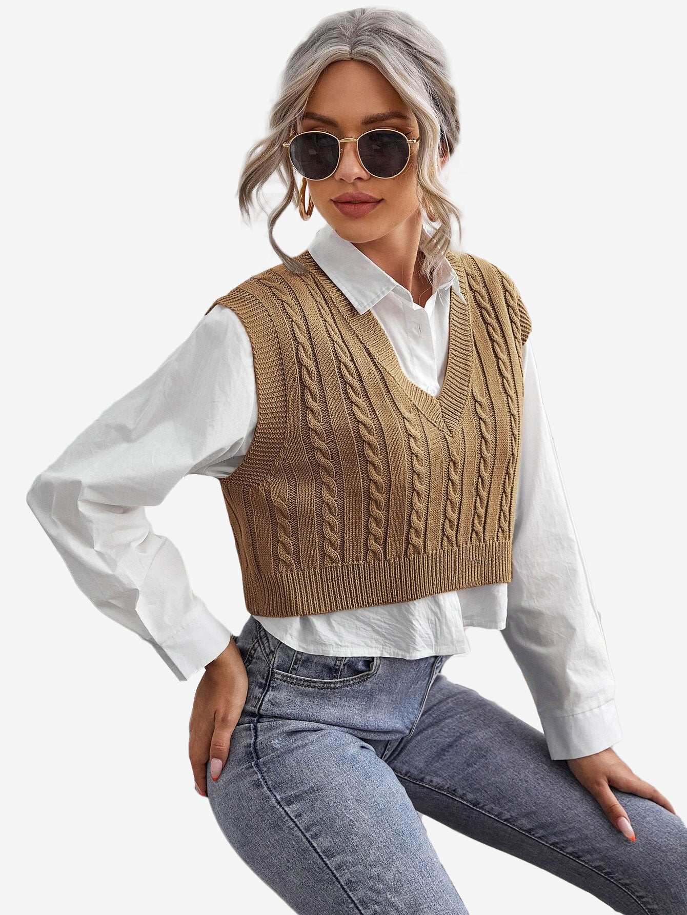 Cable Knit V-neck Sweater Vest