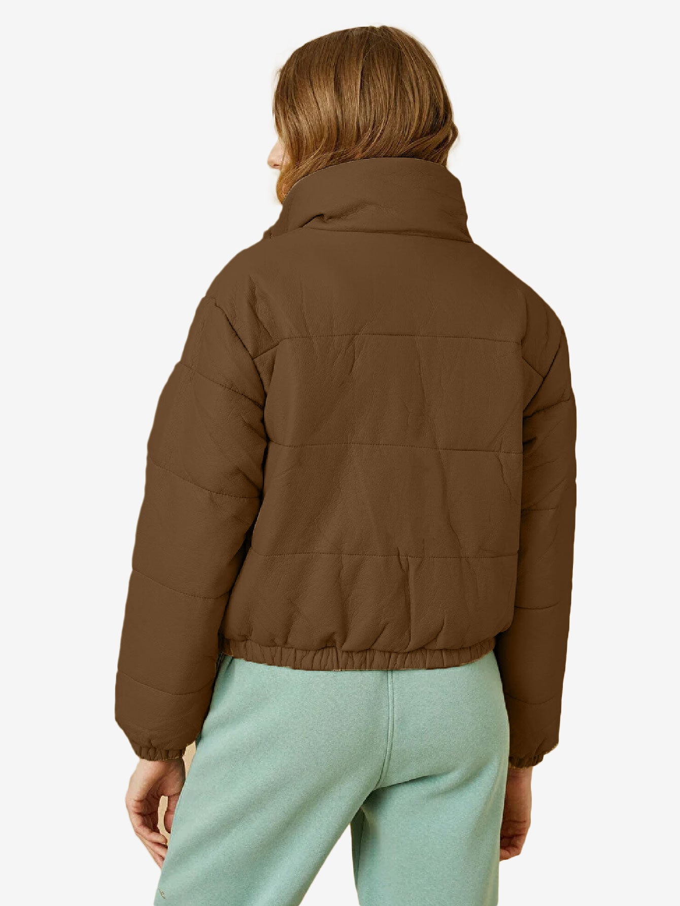 Cozy Zip Up Faux Leather Puffer Jacket