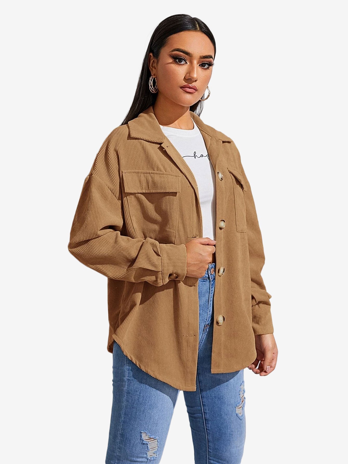 Flap Pocket Drop Shoulder Corduroy Coat