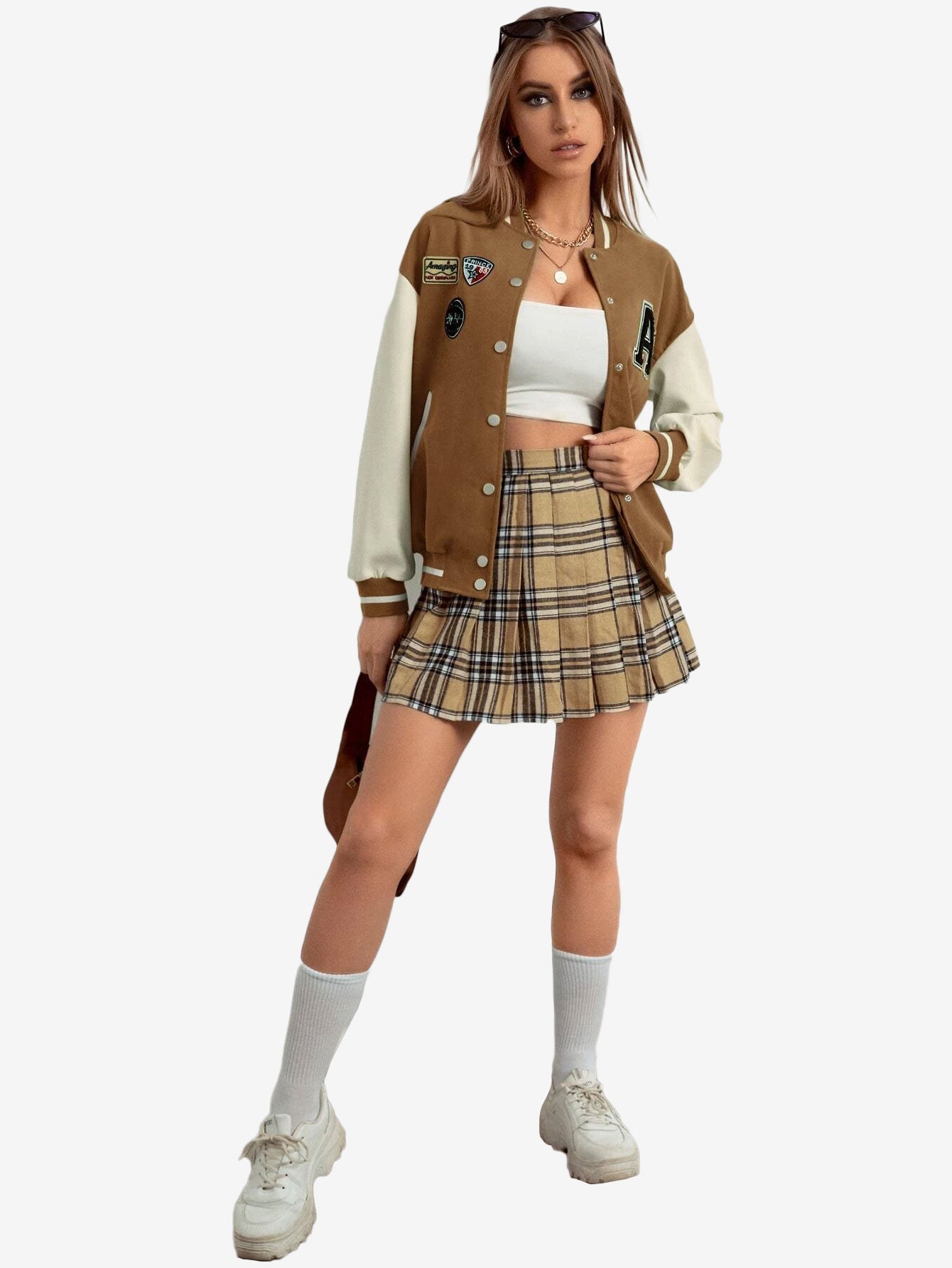 Contrast Sleeve Letter Patched Bomber Jacket