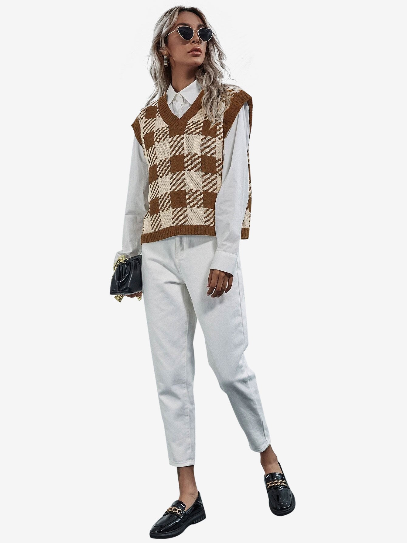 Cute V-neck Gingham Sweater Vest