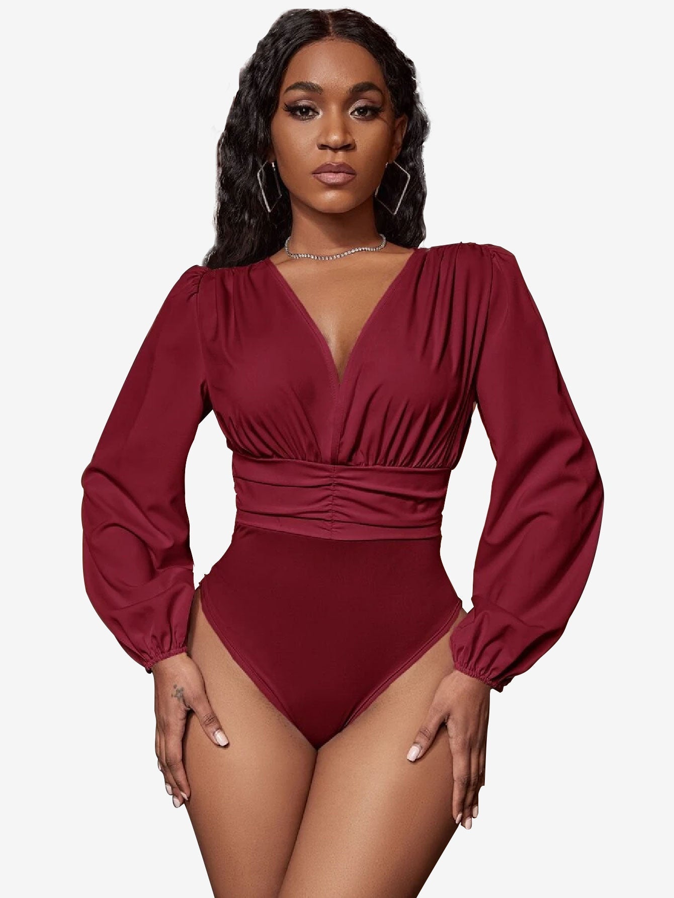 Charming Lantern Sleeve Ruched Bodysuit