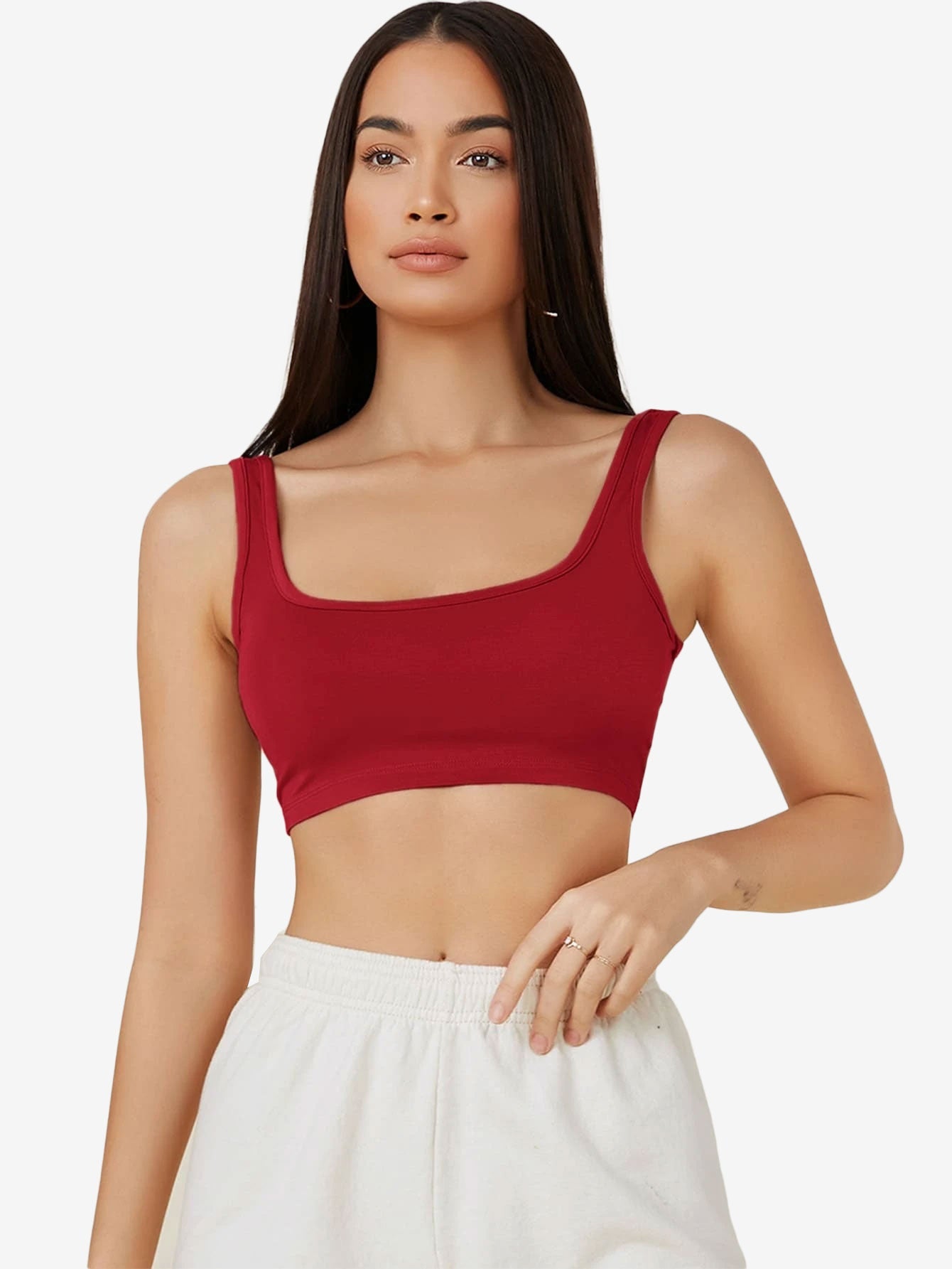 Basics Double Scoop Neck Solid Crop Tank Top