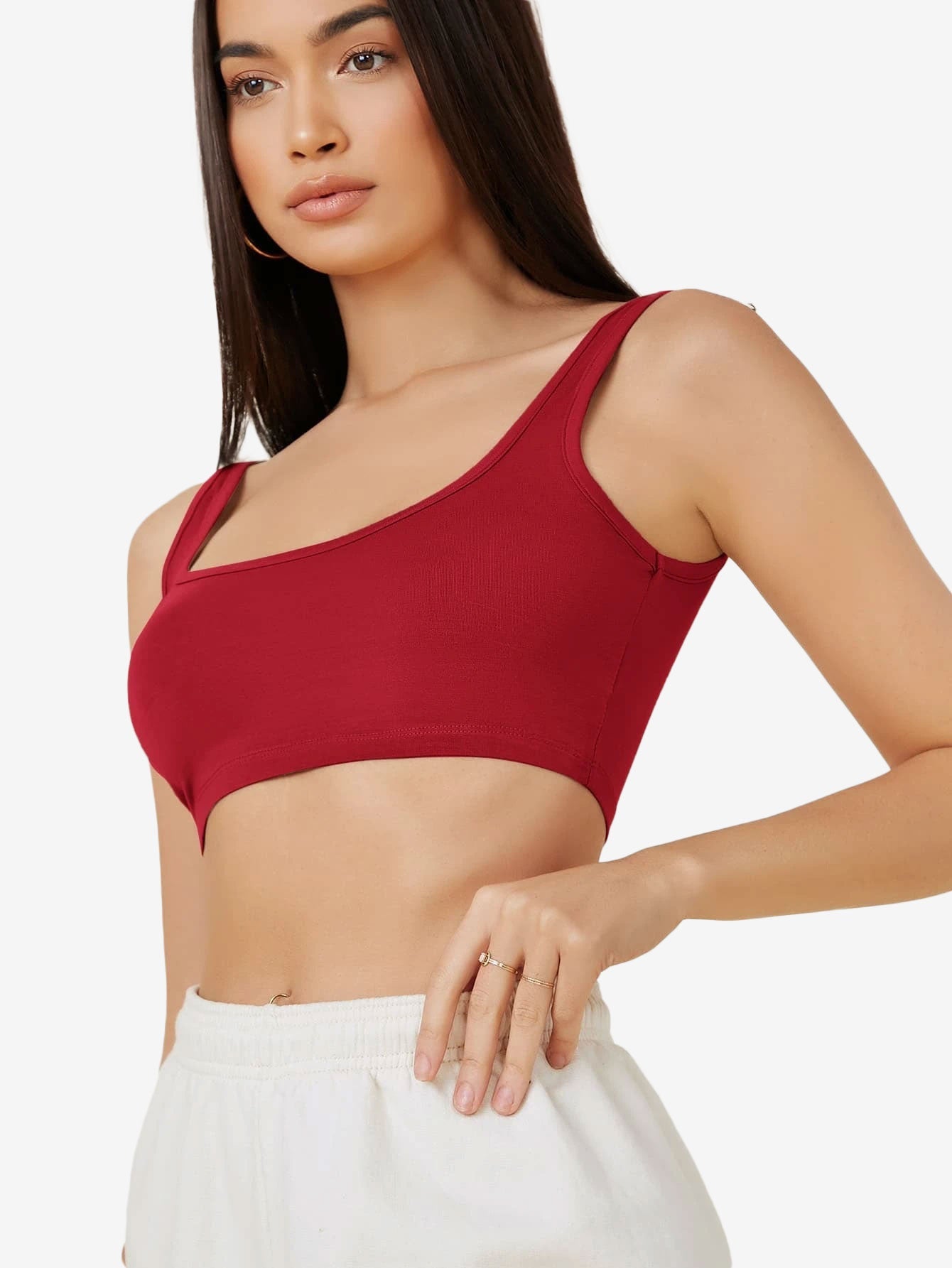 Basics Double Scoop Neck Solid Crop Tank Top
