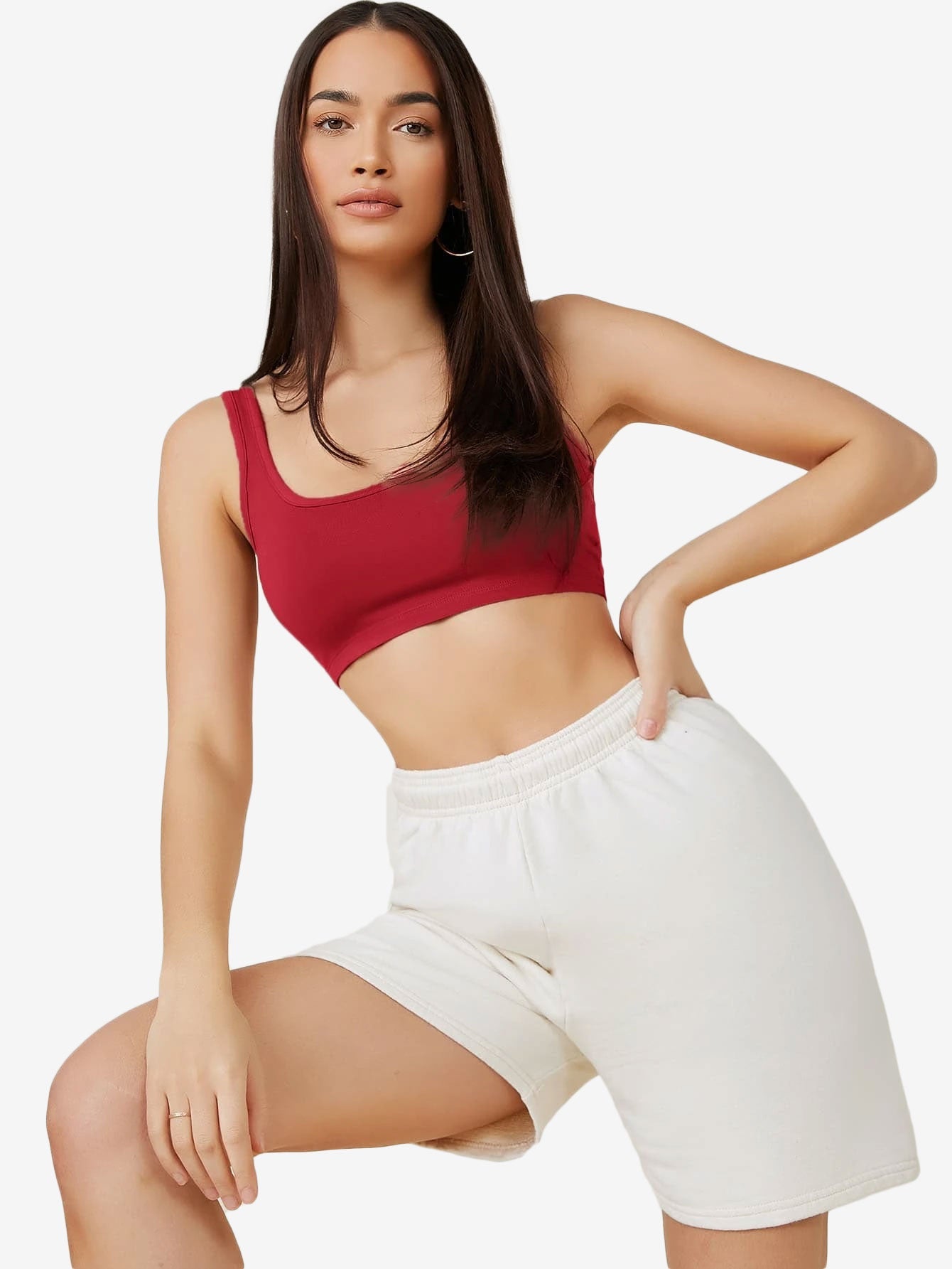 Basics Double Scoop Neck Solid Crop Tank Top