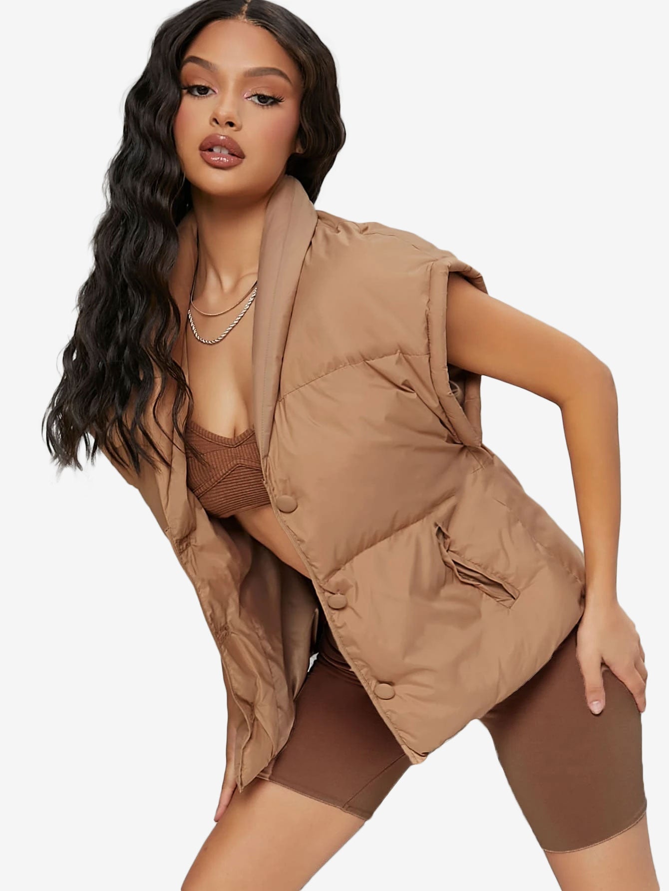 Shawl Collar Slant Pockets Puffer Vest Coat