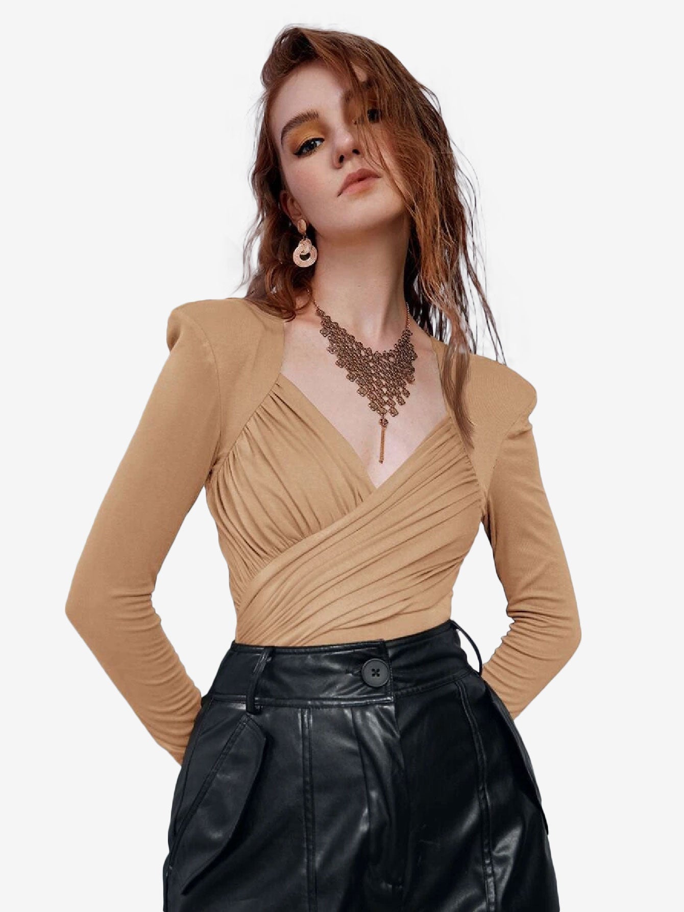 Appealing Neck Puff Sleeve Ruched Bodysuit