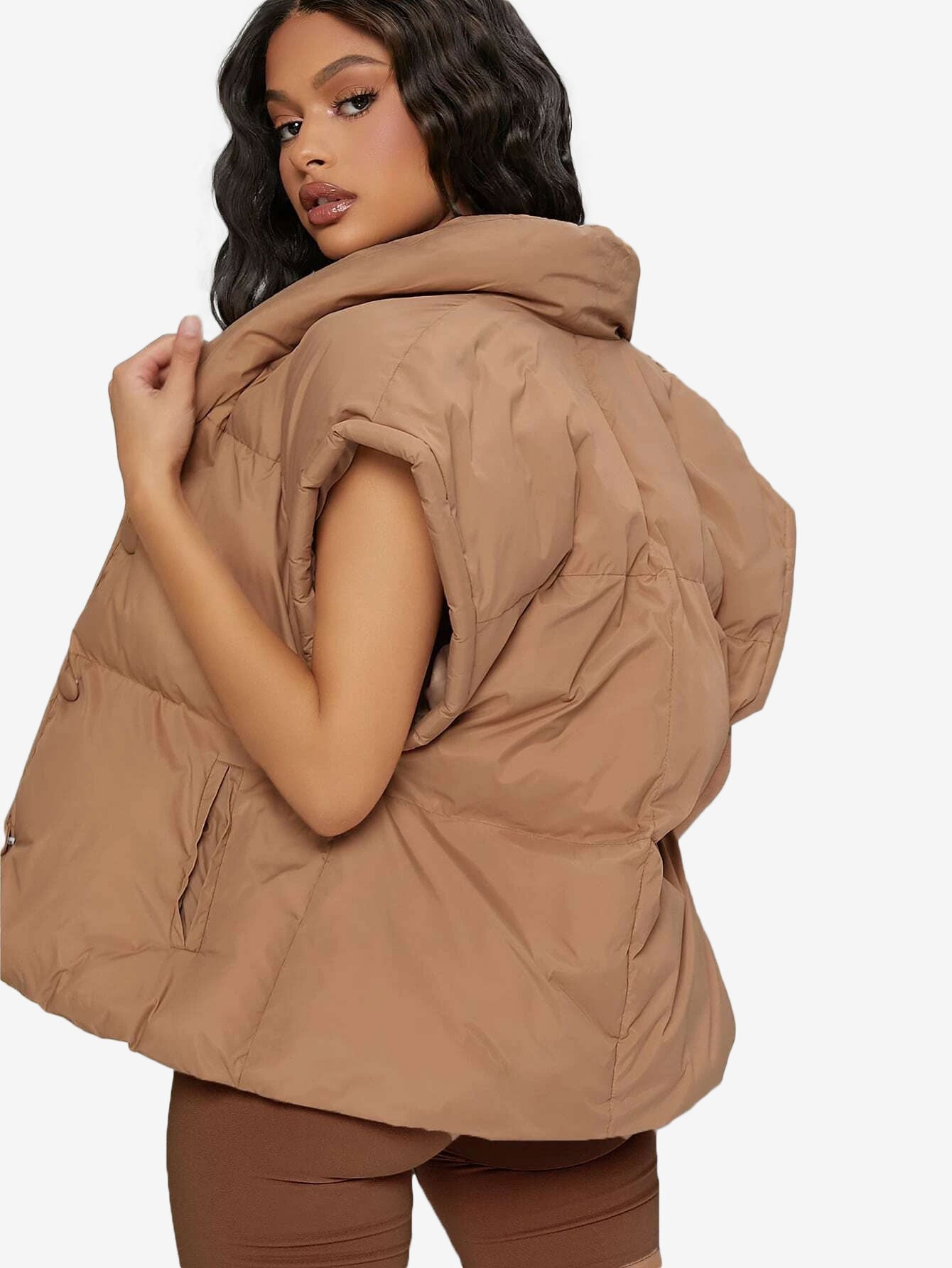 Shawl Collar Slant Pockets Puffer Vest Coat