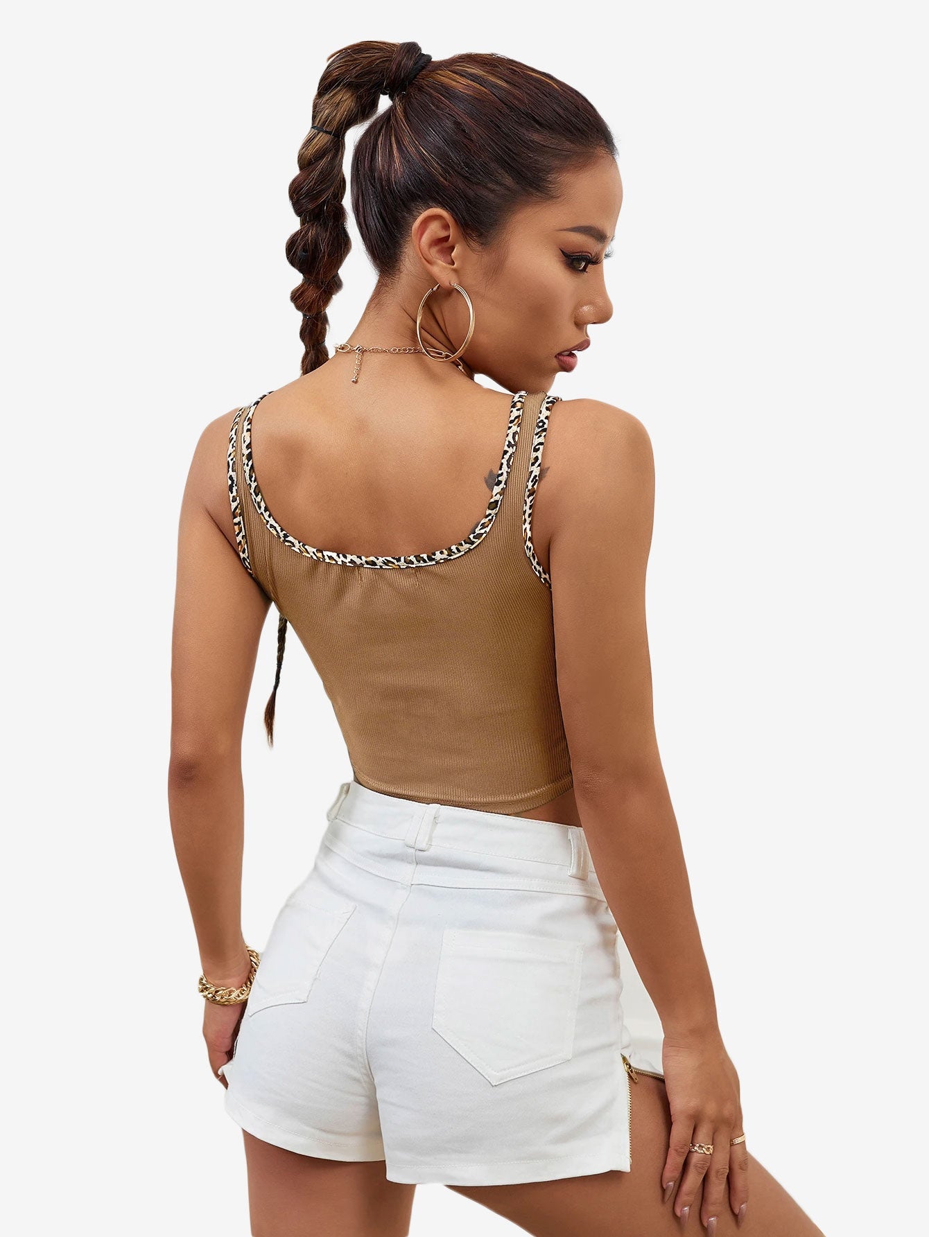 Leopard Binding Heart Embroidery Tank Top