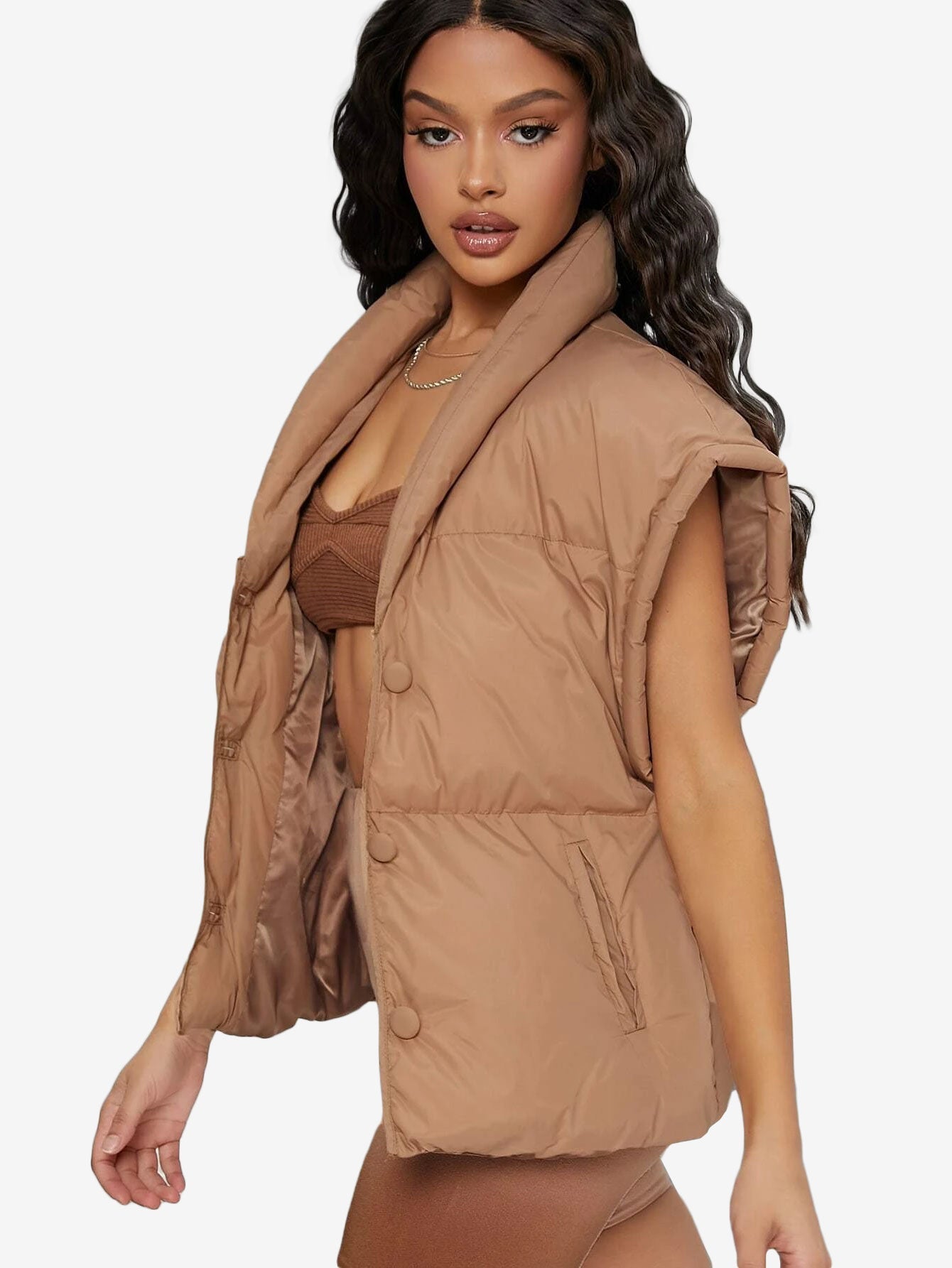 Shawl Collar Slant Pockets Puffer Vest Coat