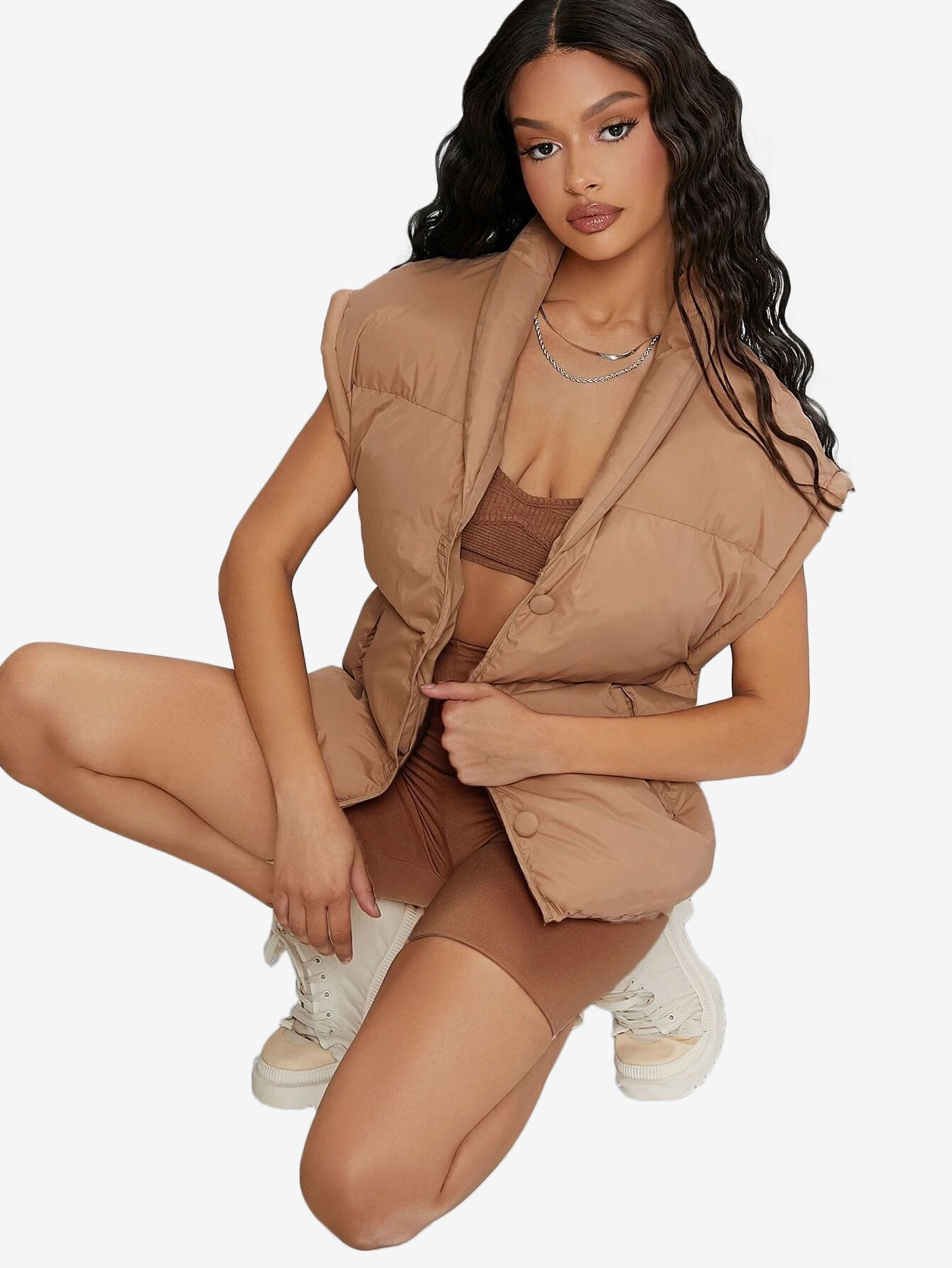 Shawl Collar Slant Pockets Puffer Vest Coat