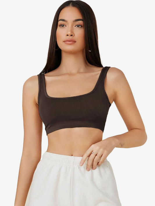 Basics Double Scoop Neck Solid Crop Tank Top