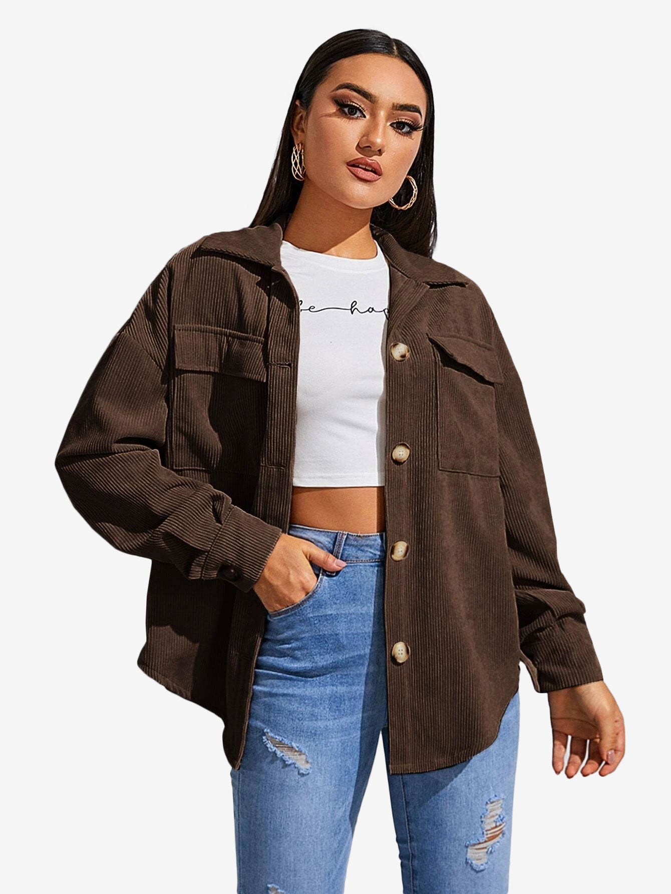 Flap Pocket Drop Shoulder Corduroy Coat