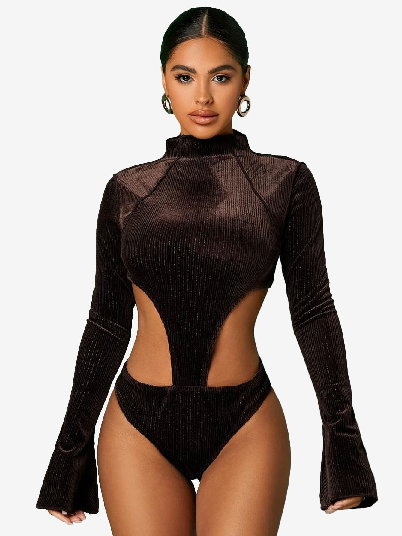 Cunning Mock Neck Cut Out Velvet Bodysuit