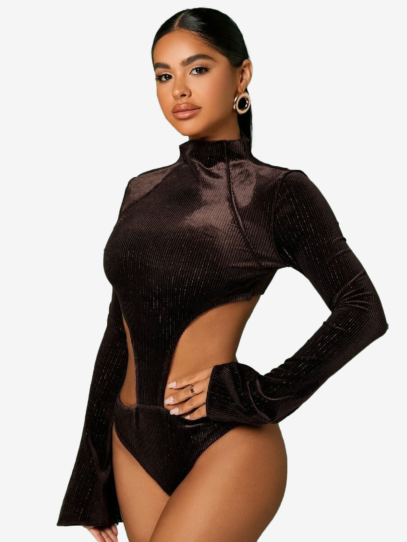Cunning Mock Neck Cut Out Velvet Bodysuit
