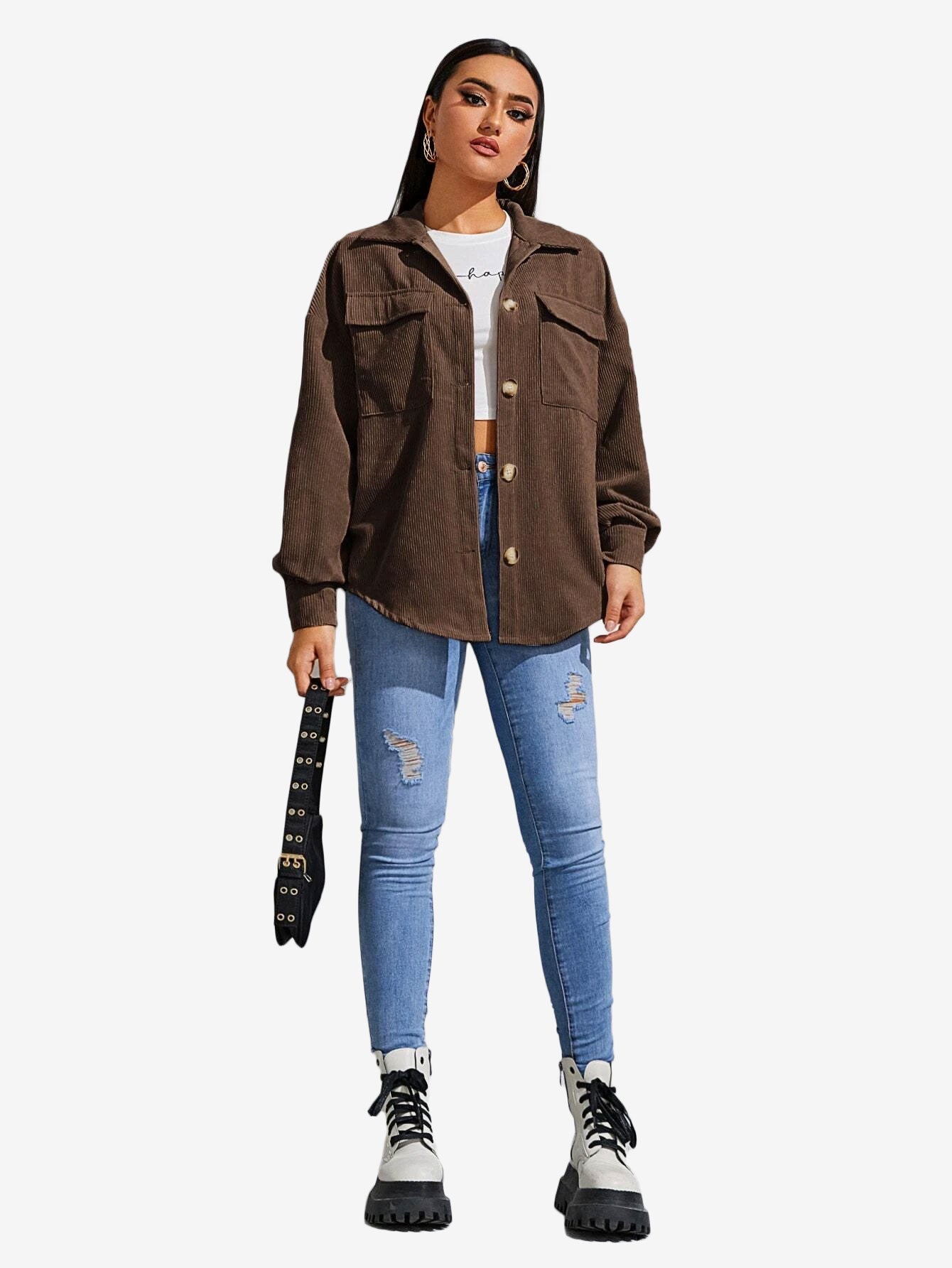 Flap Pocket Drop Shoulder Corduroy Coat