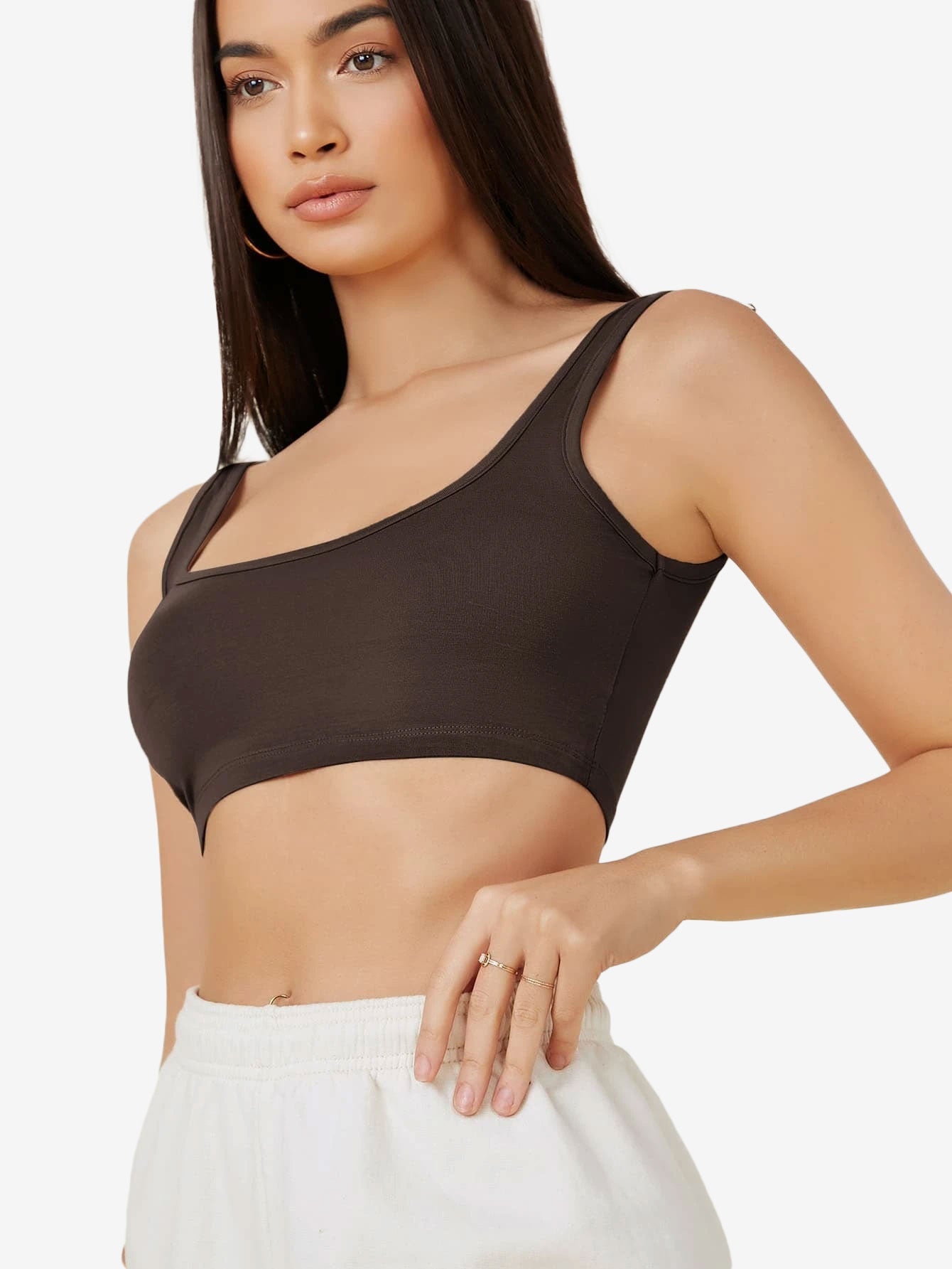 Basics Double Scoop Neck Solid Crop Tank Top