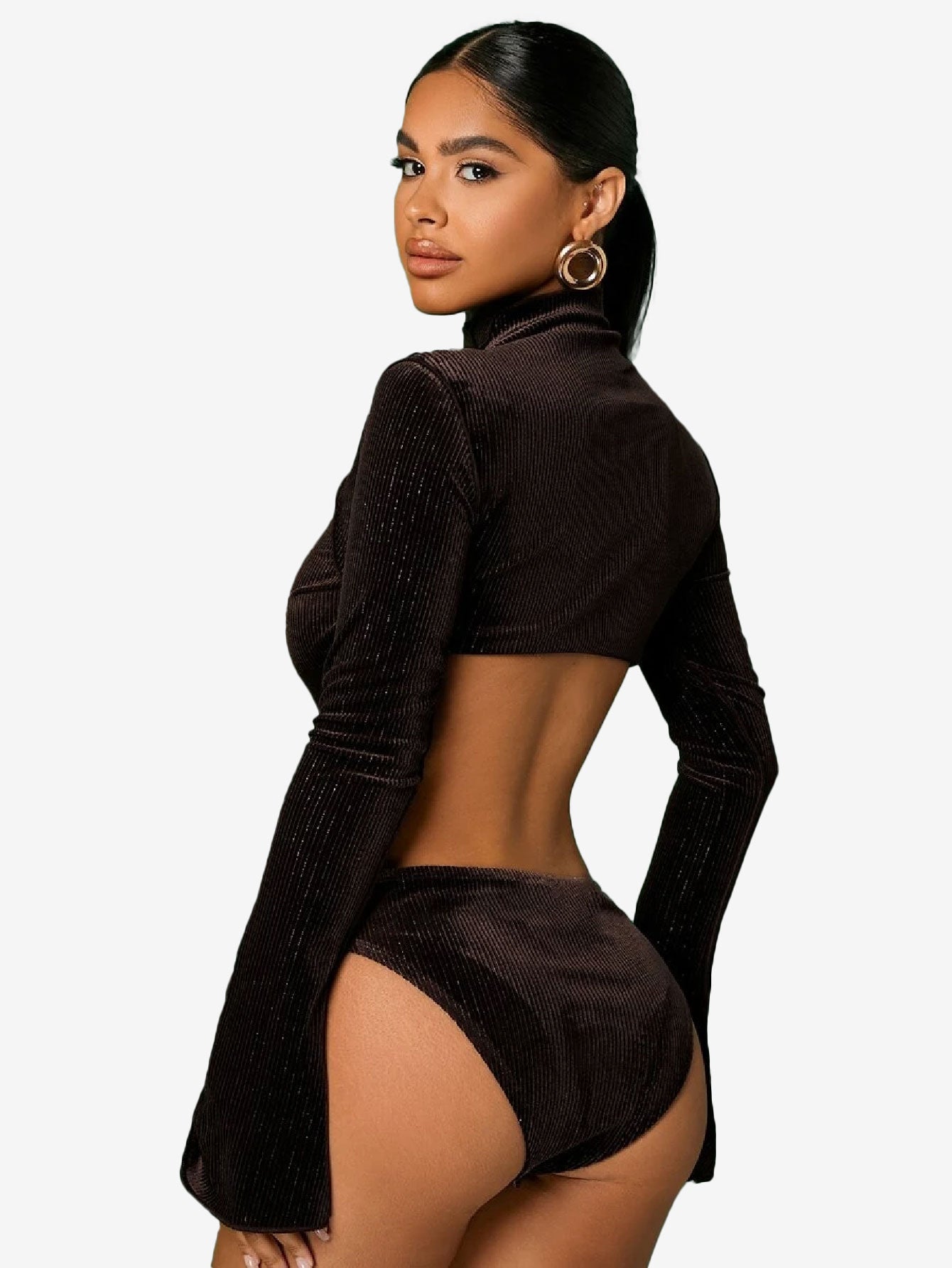 Cunning Mock Neck Cut Out Velvet Bodysuit