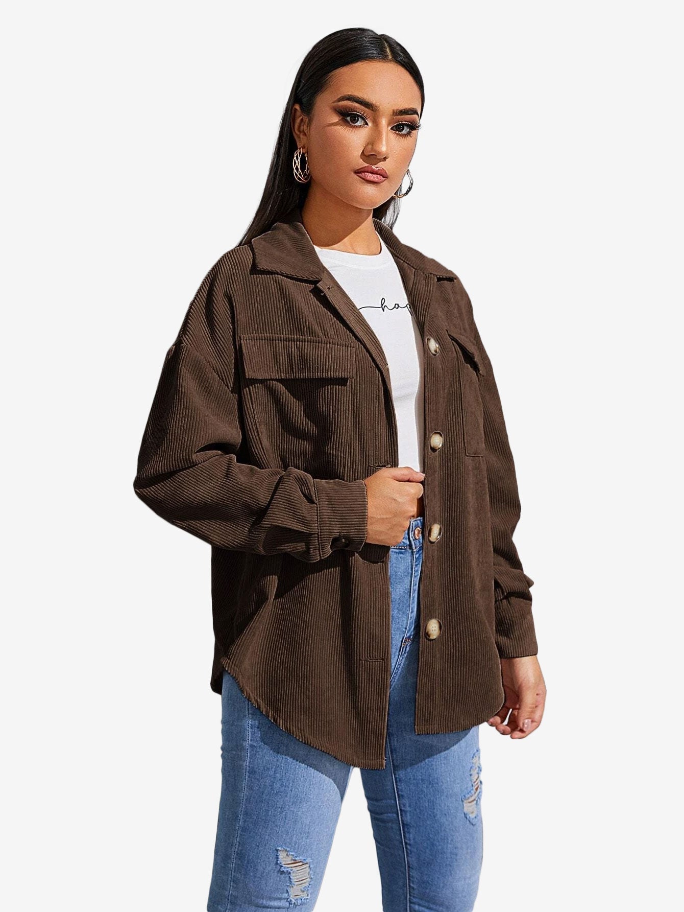 Flap Pocket Drop Shoulder Corduroy Coat