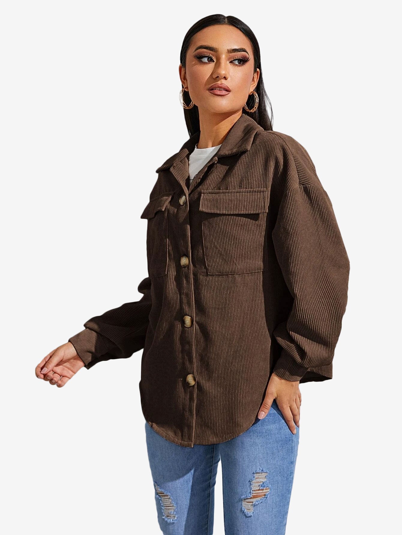 Flap Pocket Drop Shoulder Corduroy Coat