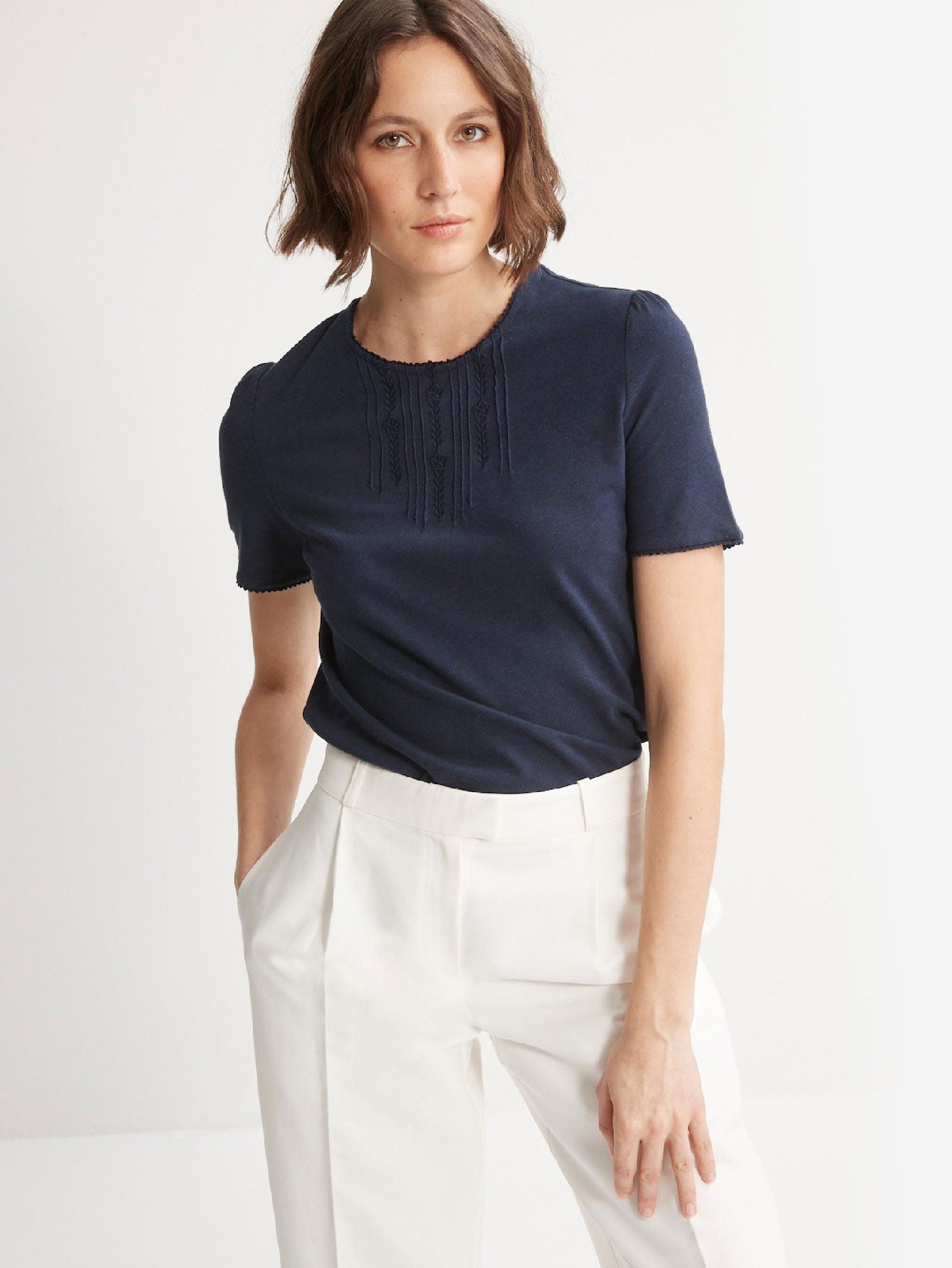 Embroidered Linen And Cotton T-shirt