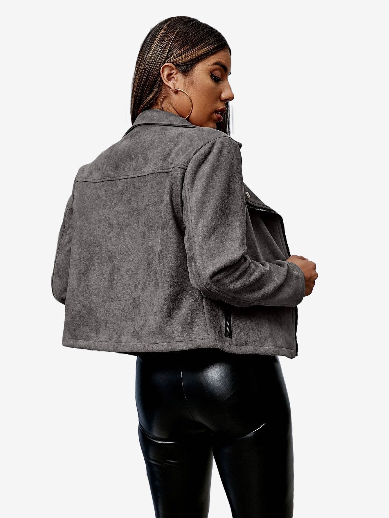 Energetic Solid Zip Up Suede Jacket