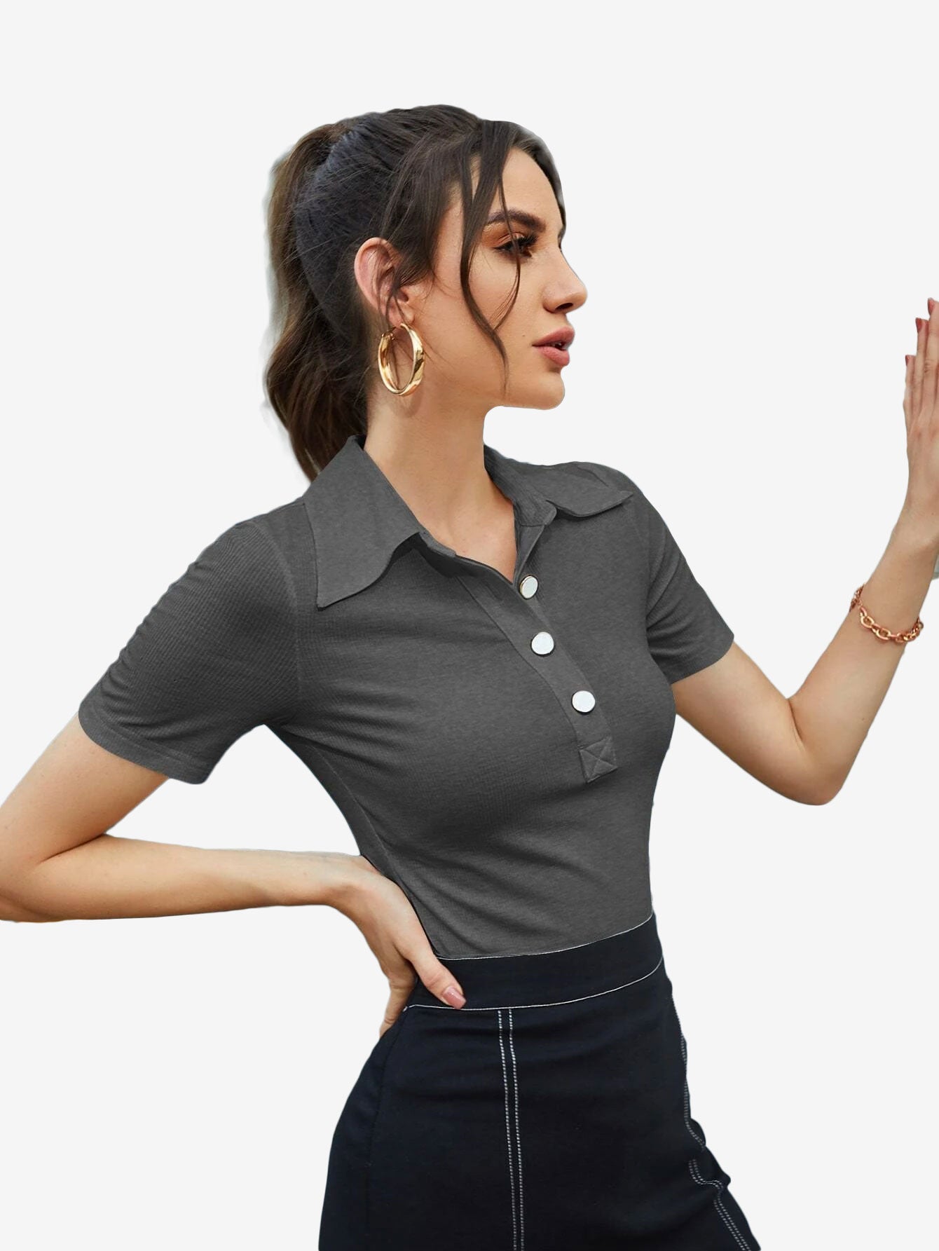 Basic Patched Detail Half Button Tee