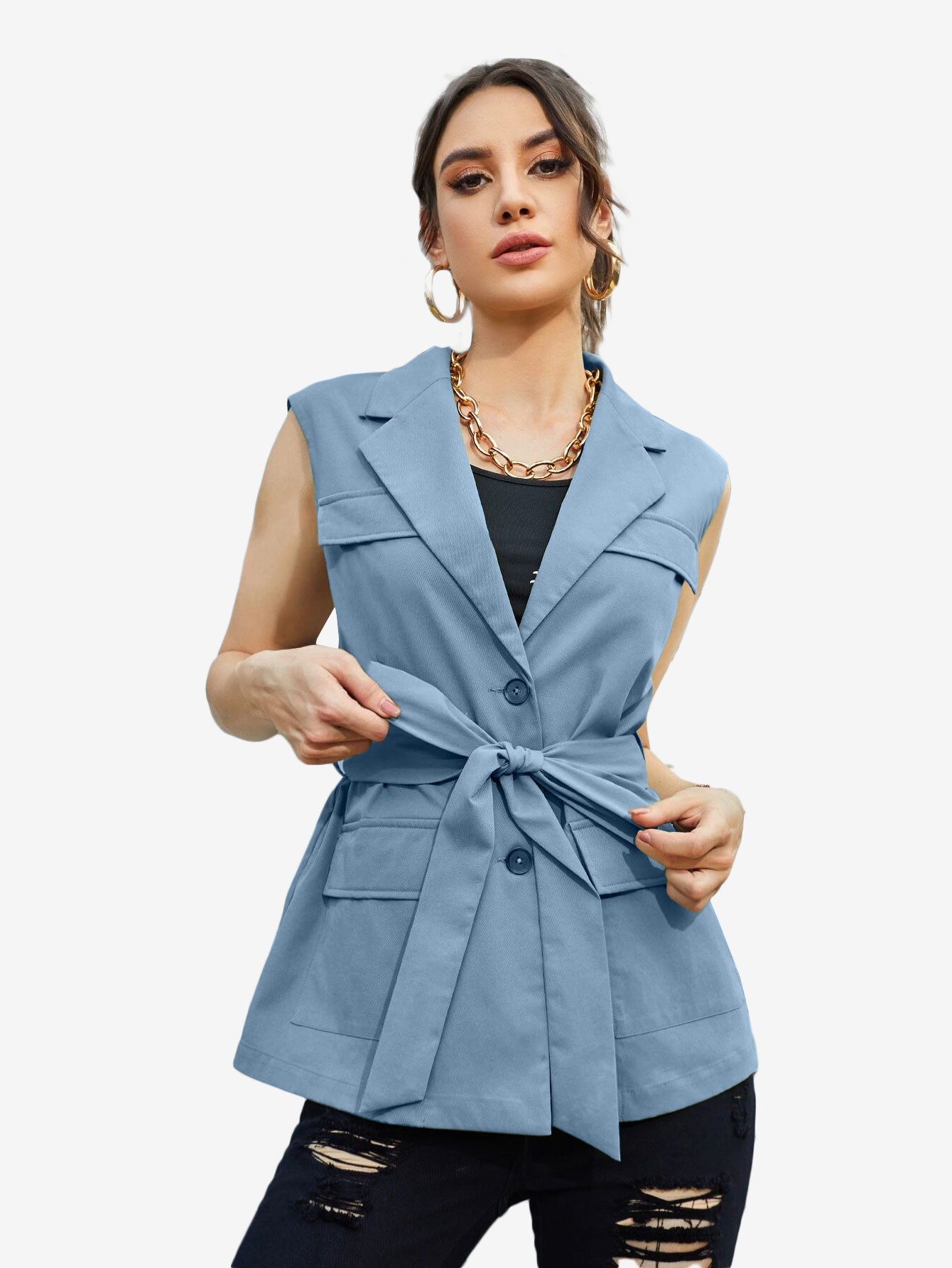 Autumn Lapel Neck Flap Pocket Belted Vest Blazer