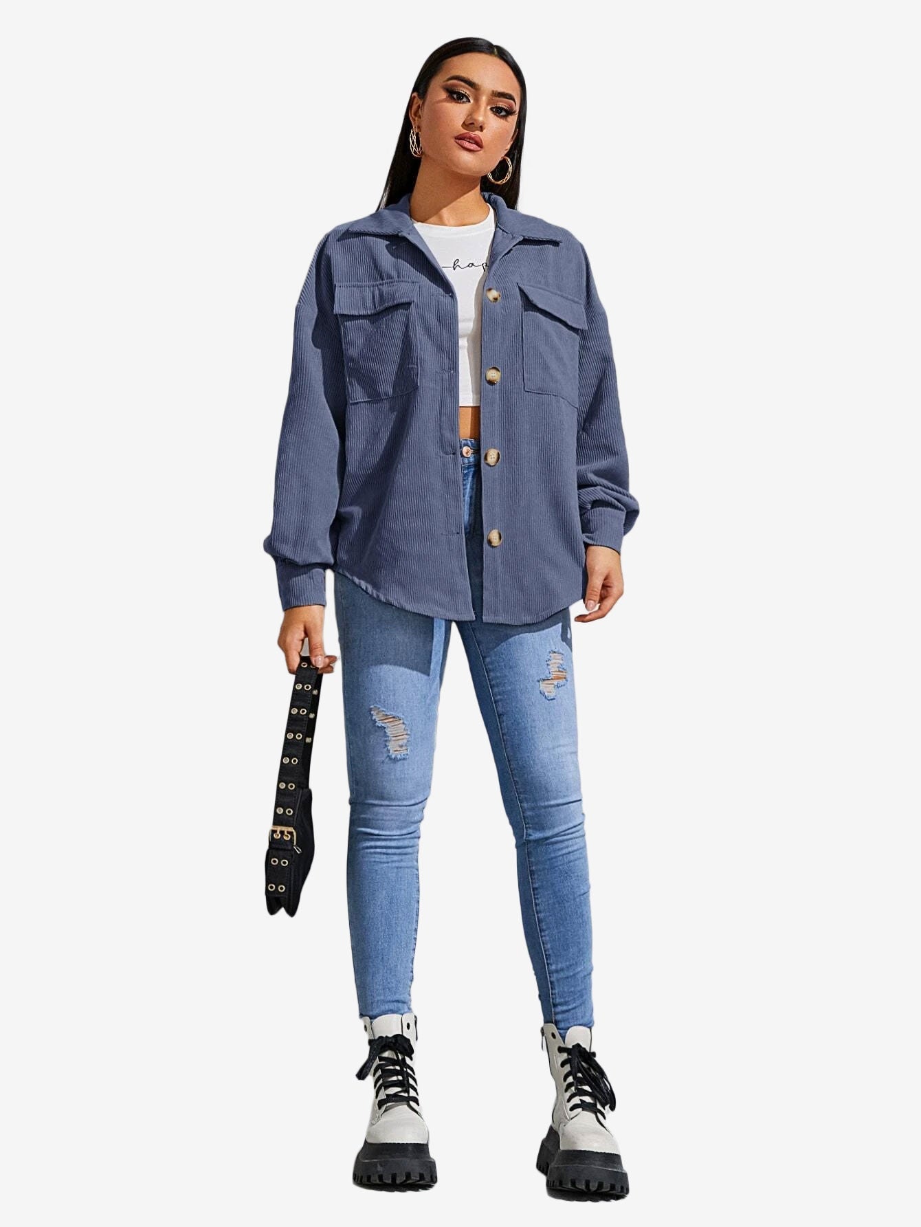 Flap Pocket Drop Shoulder Corduroy Coat