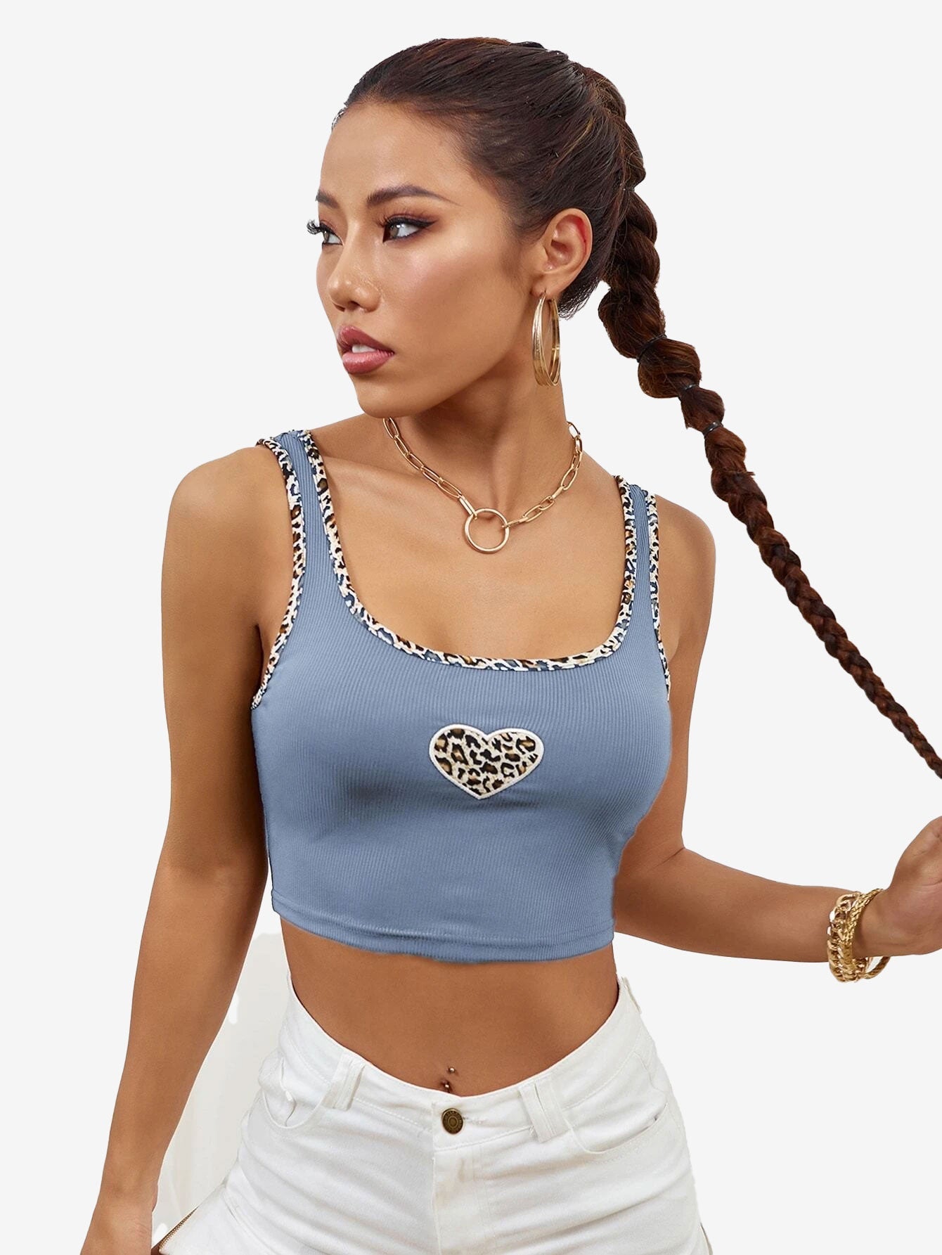 Leopard Binding Heart Embroidery Tank Top