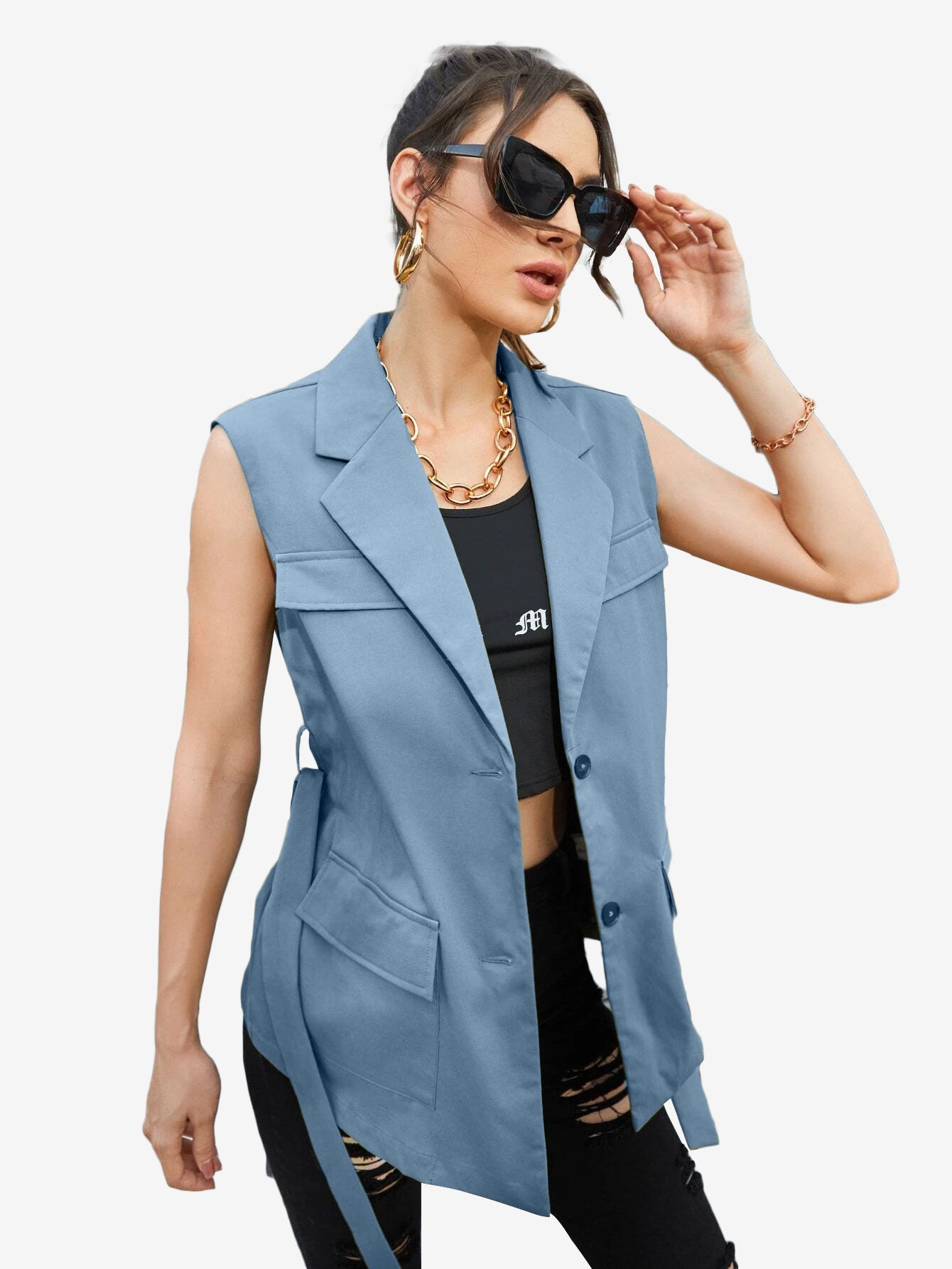 Autumn Lapel Neck Flap Pocket Belted Vest Blazer