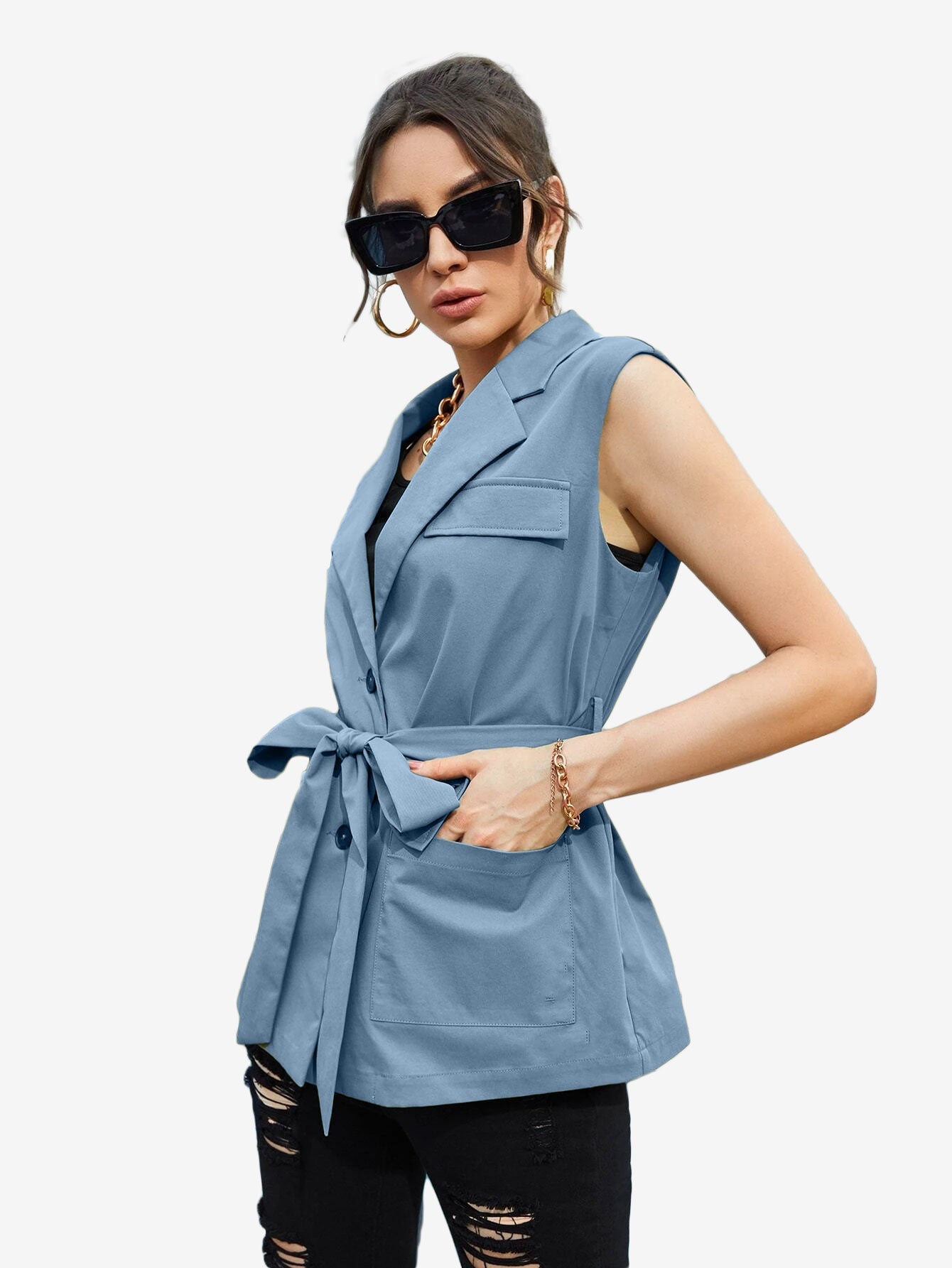 Autumn Lapel Neck Flap Pocket Belted Vest Blazer