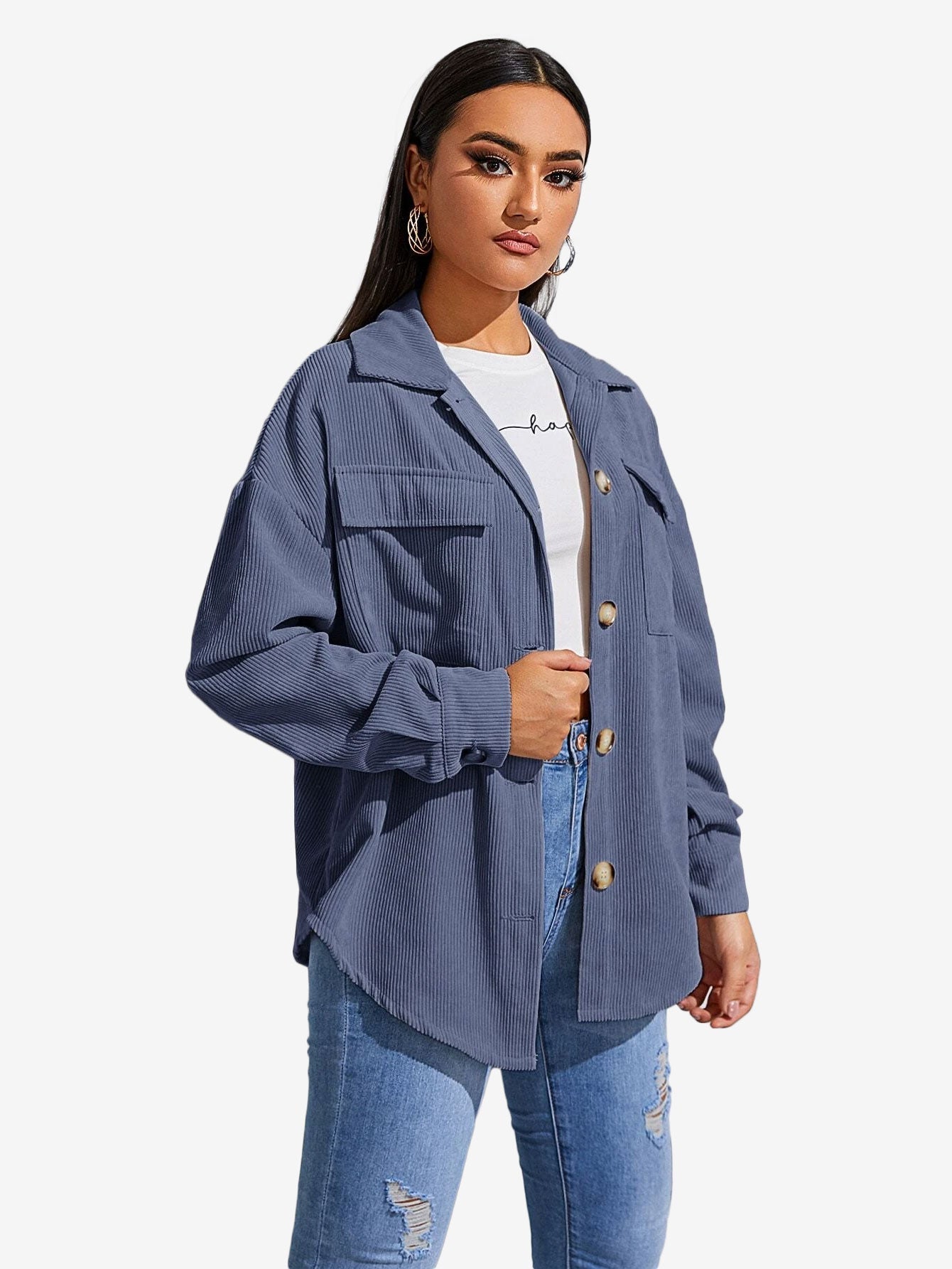 Flap Pocket Drop Shoulder Corduroy Coat