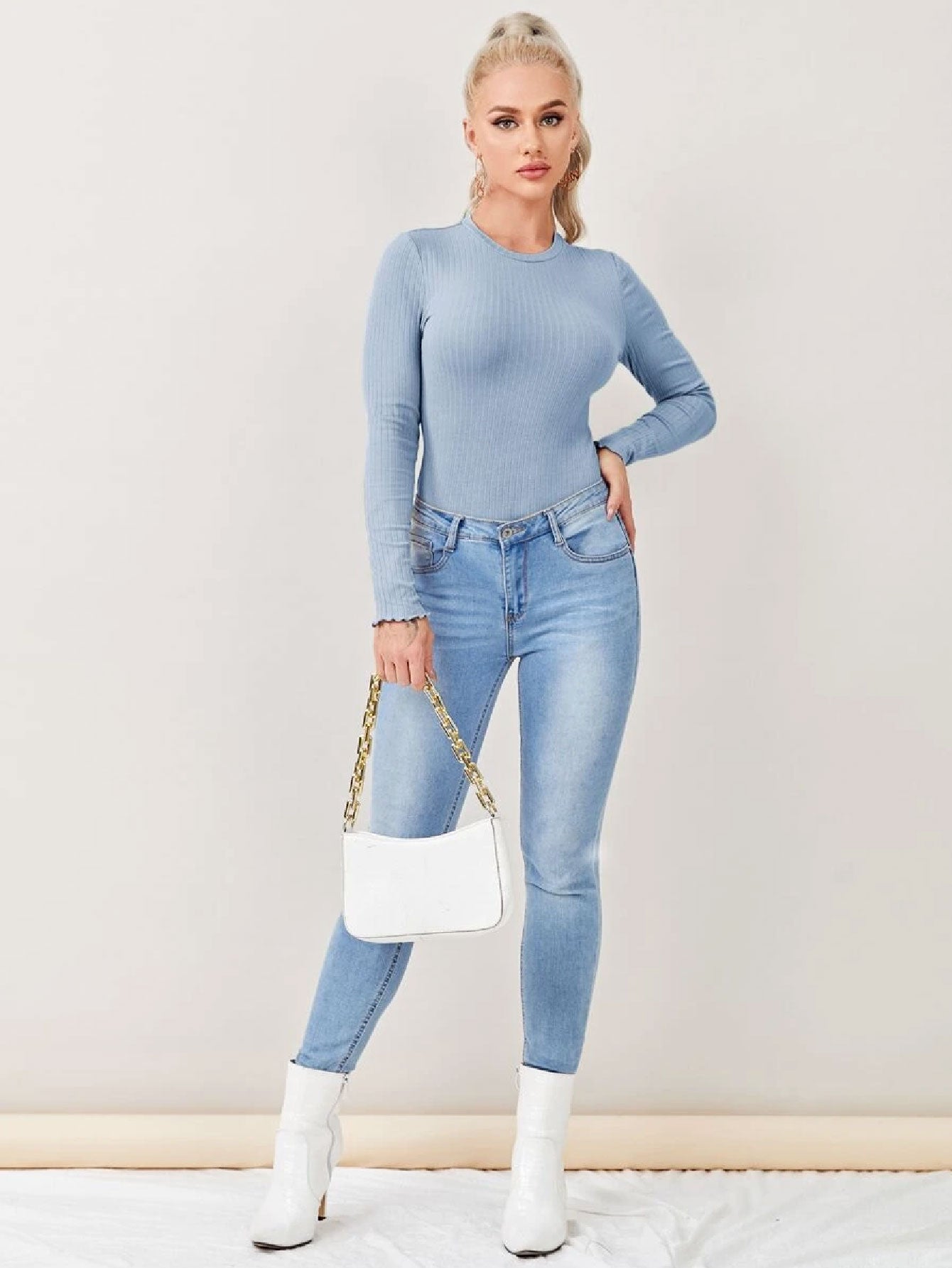 Fascinated Solid Rib-knit Bodysuit