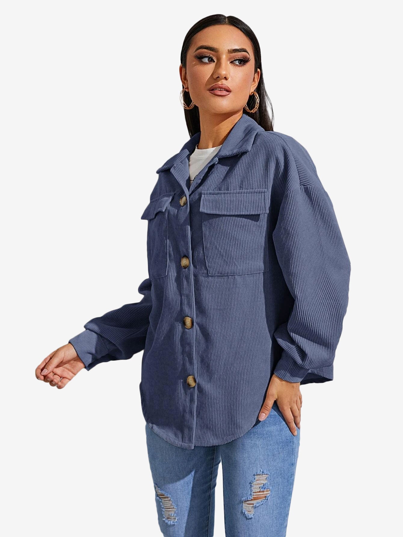 Flap Pocket Drop Shoulder Corduroy Coat
