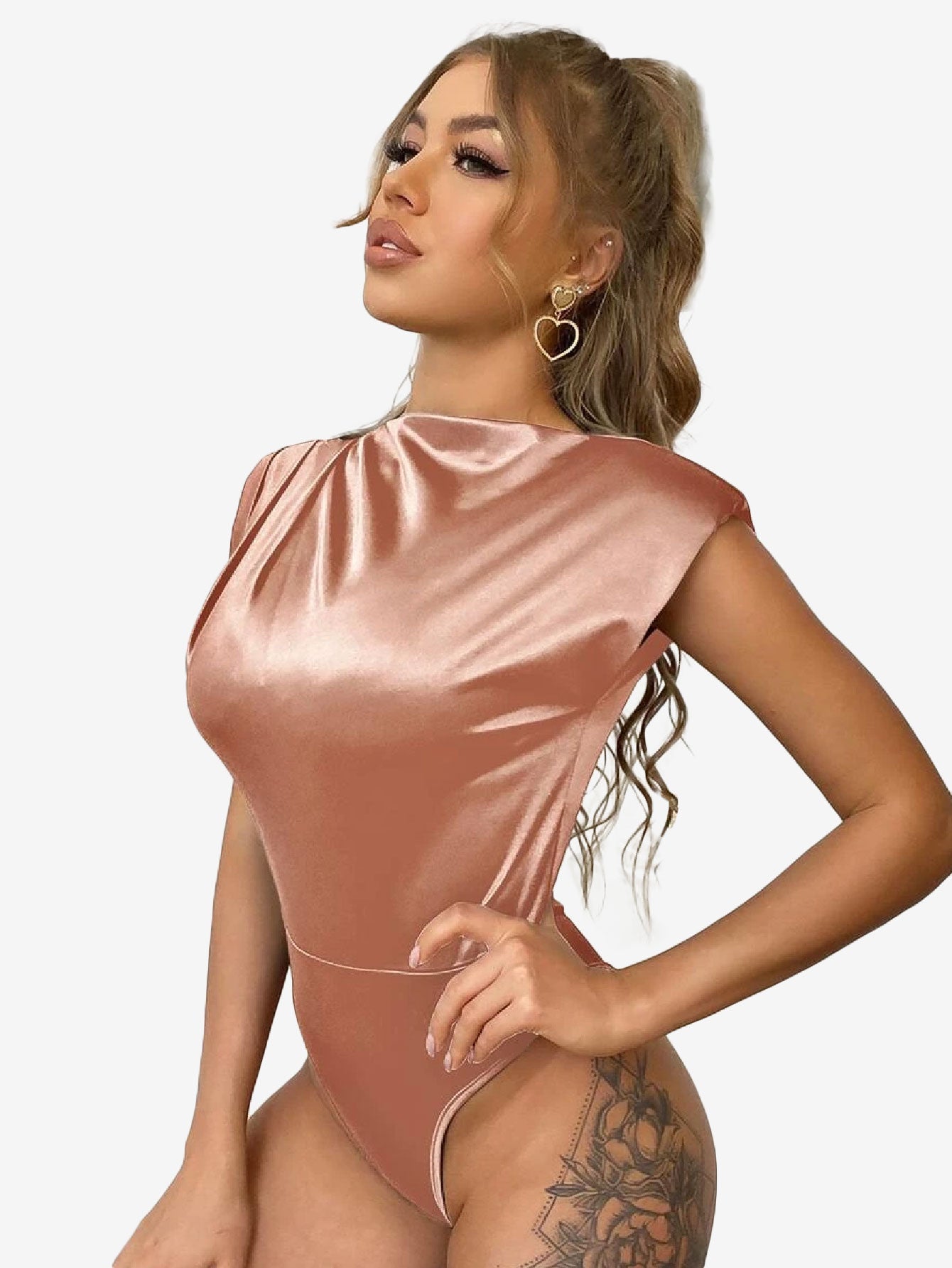Delightful Shoulder Pad Solid Satin Bodysuit