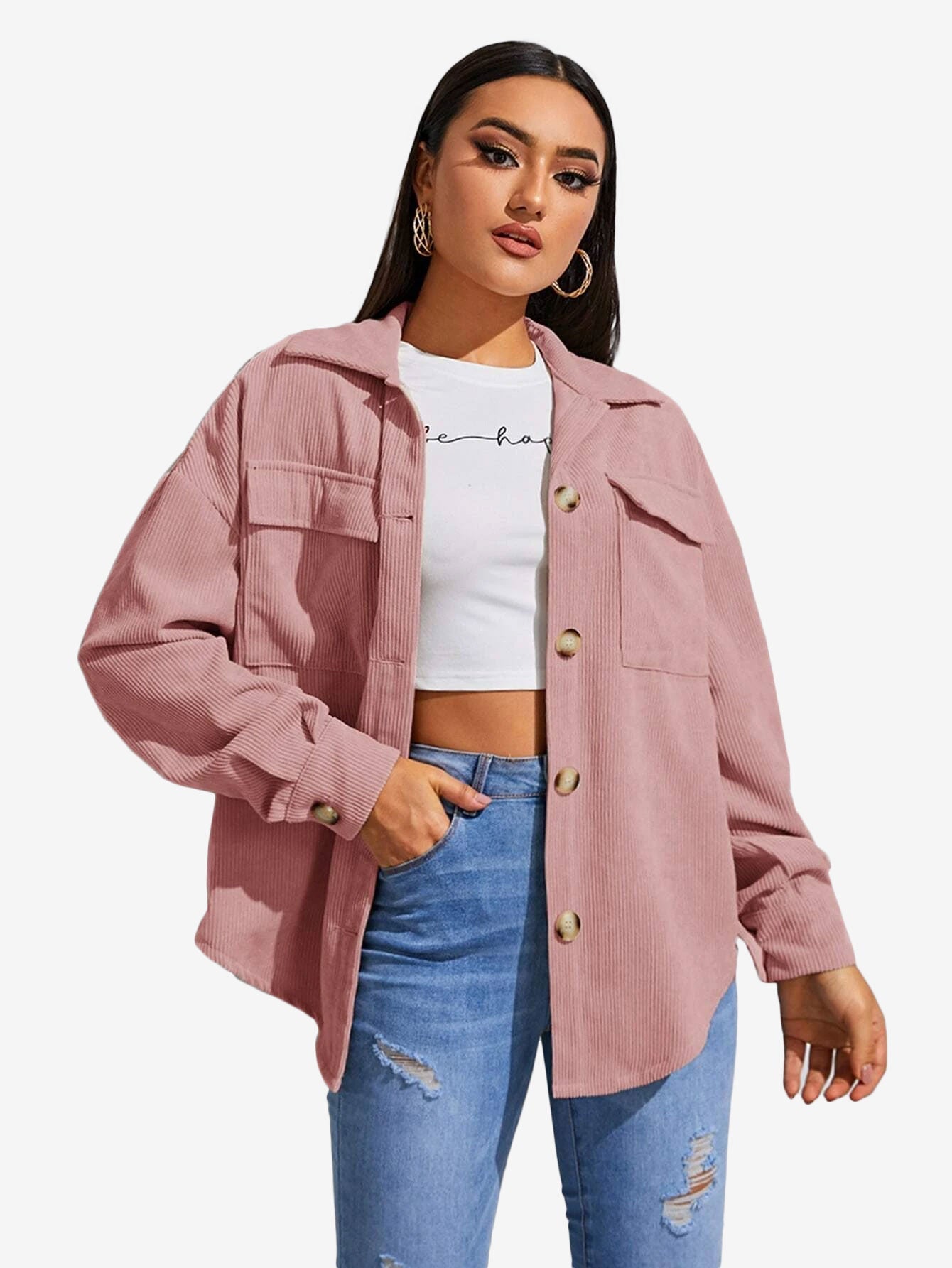 Flap Pocket Drop Shoulder Corduroy Coat