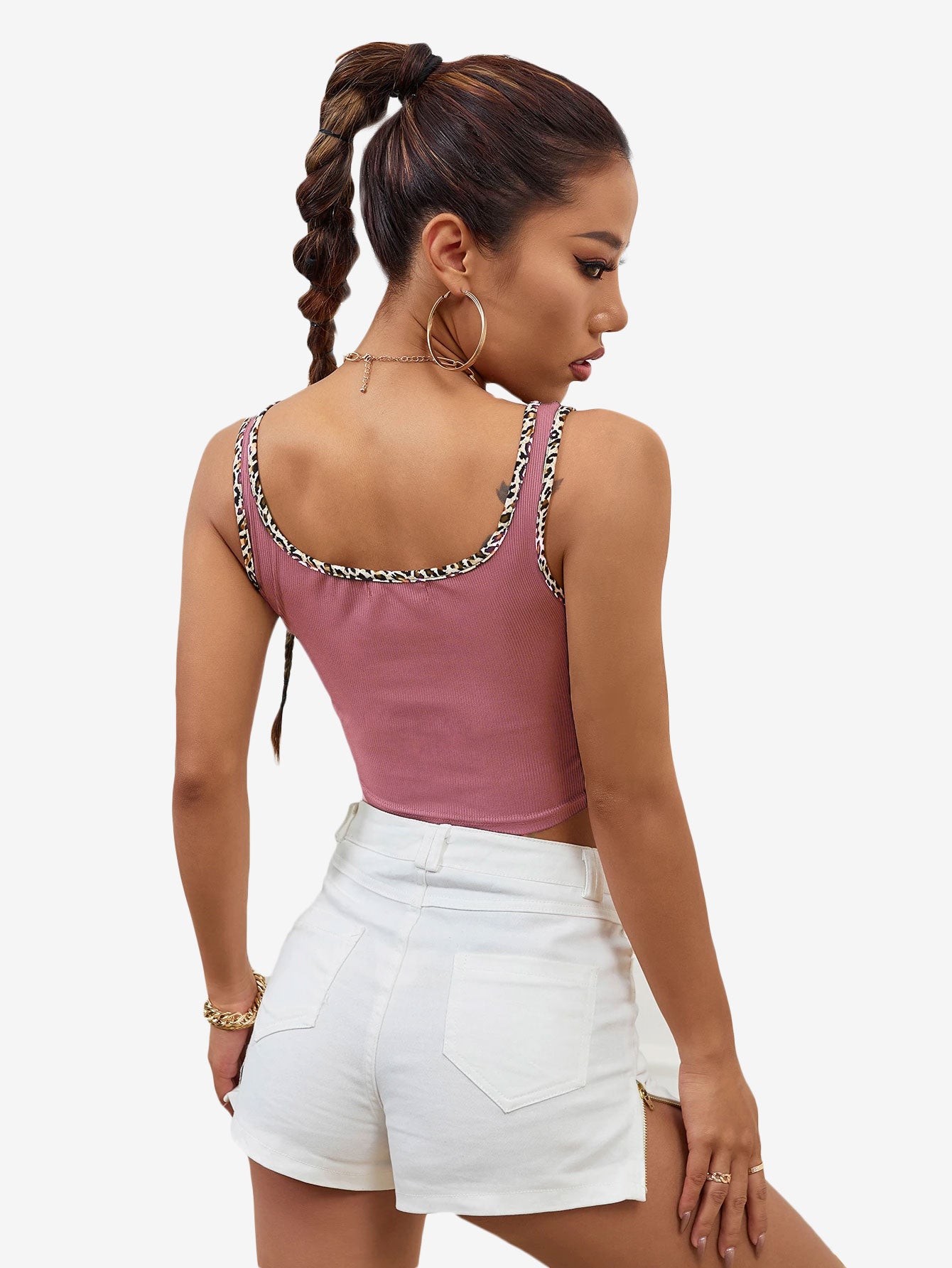 Leopard Binding Heart Embroidery Tank Top