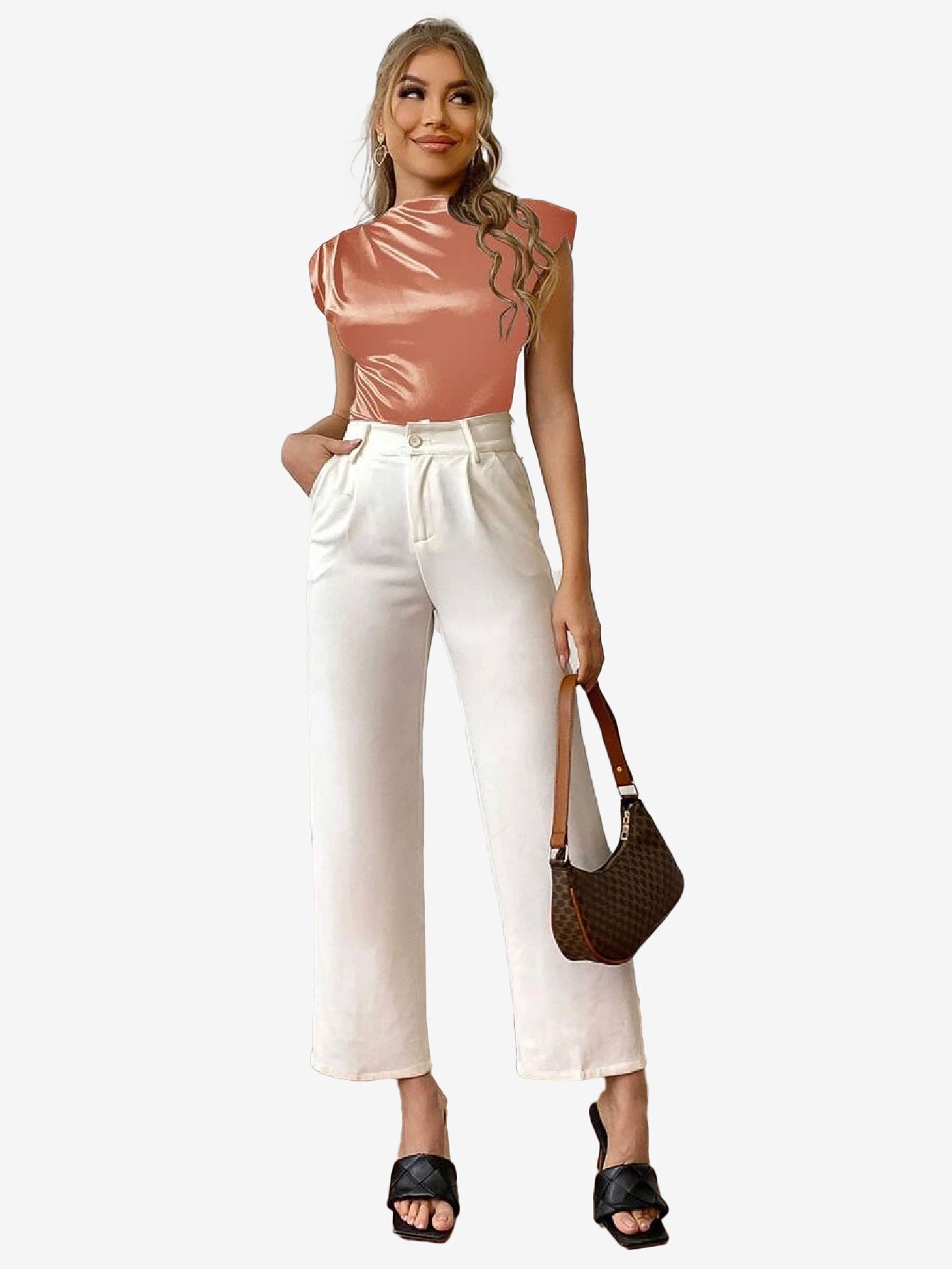 Delightful Shoulder Pad Solid Satin Bodysuit