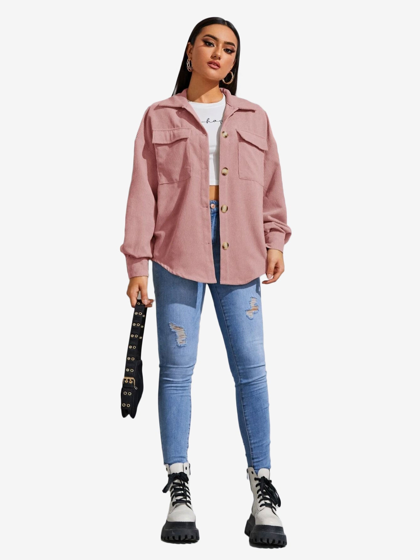Flap Pocket Drop Shoulder Corduroy Coat