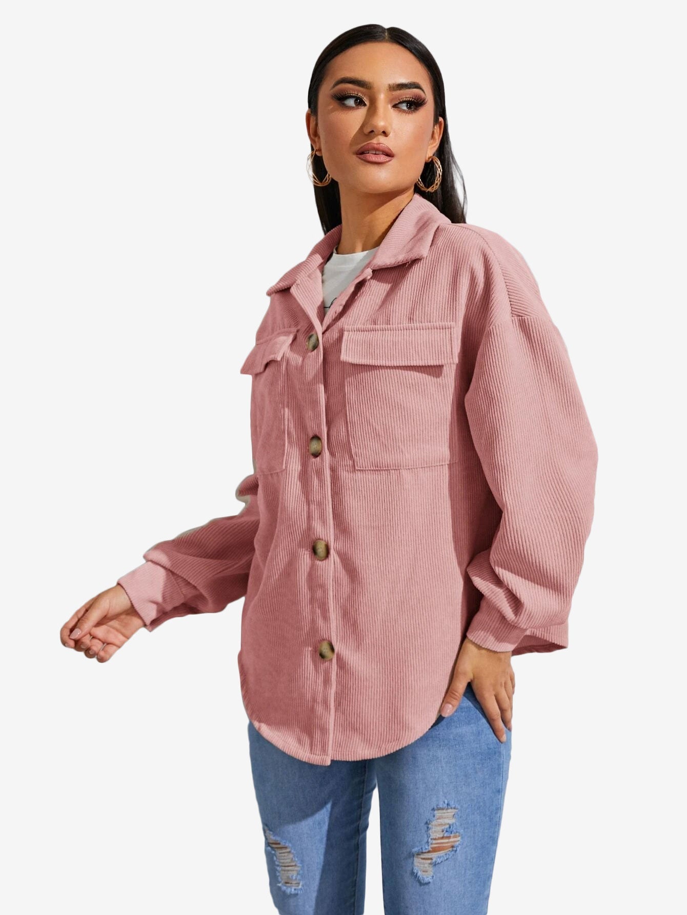 Flap Pocket Drop Shoulder Corduroy Coat