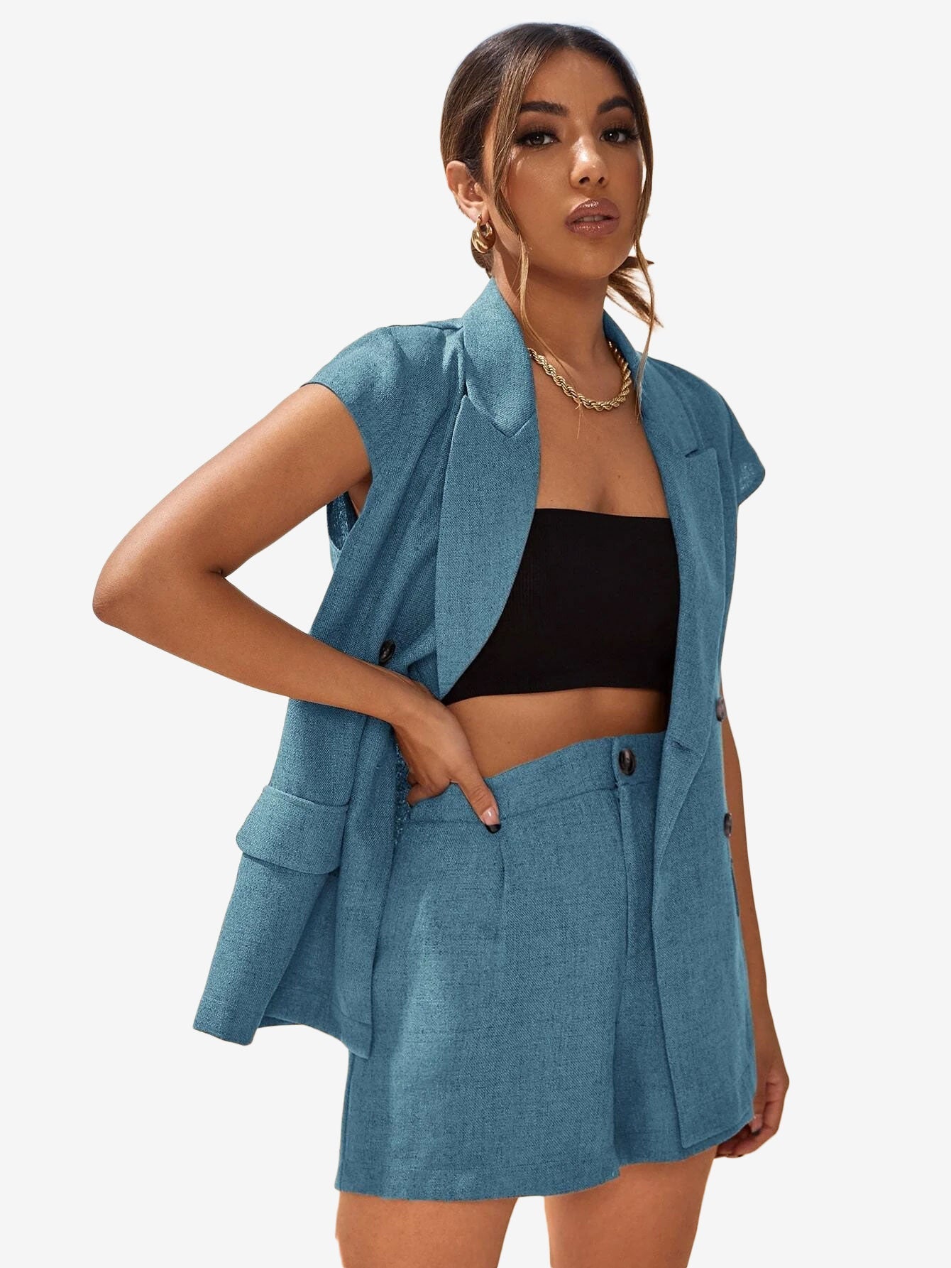 Double Button Vest _ Shorts Suit Set