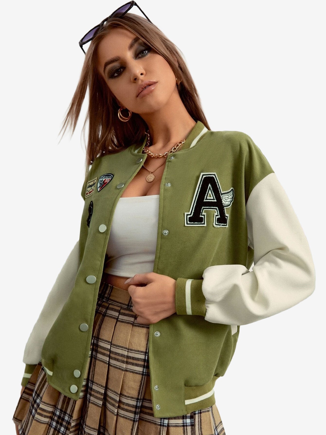 Contrast Sleeve Letter Patched Bomber Jacket
