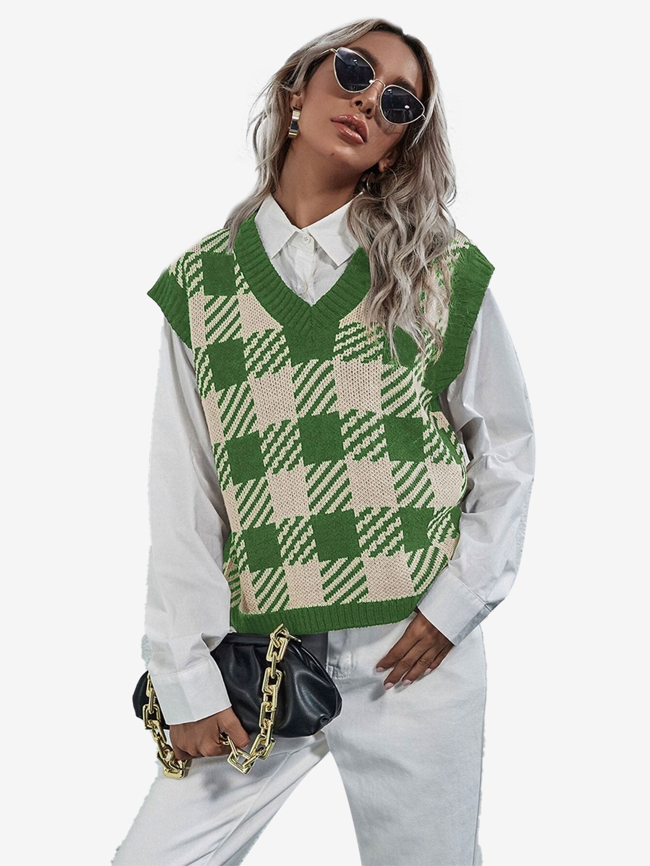 Cute V-neck Gingham Sweater Vest