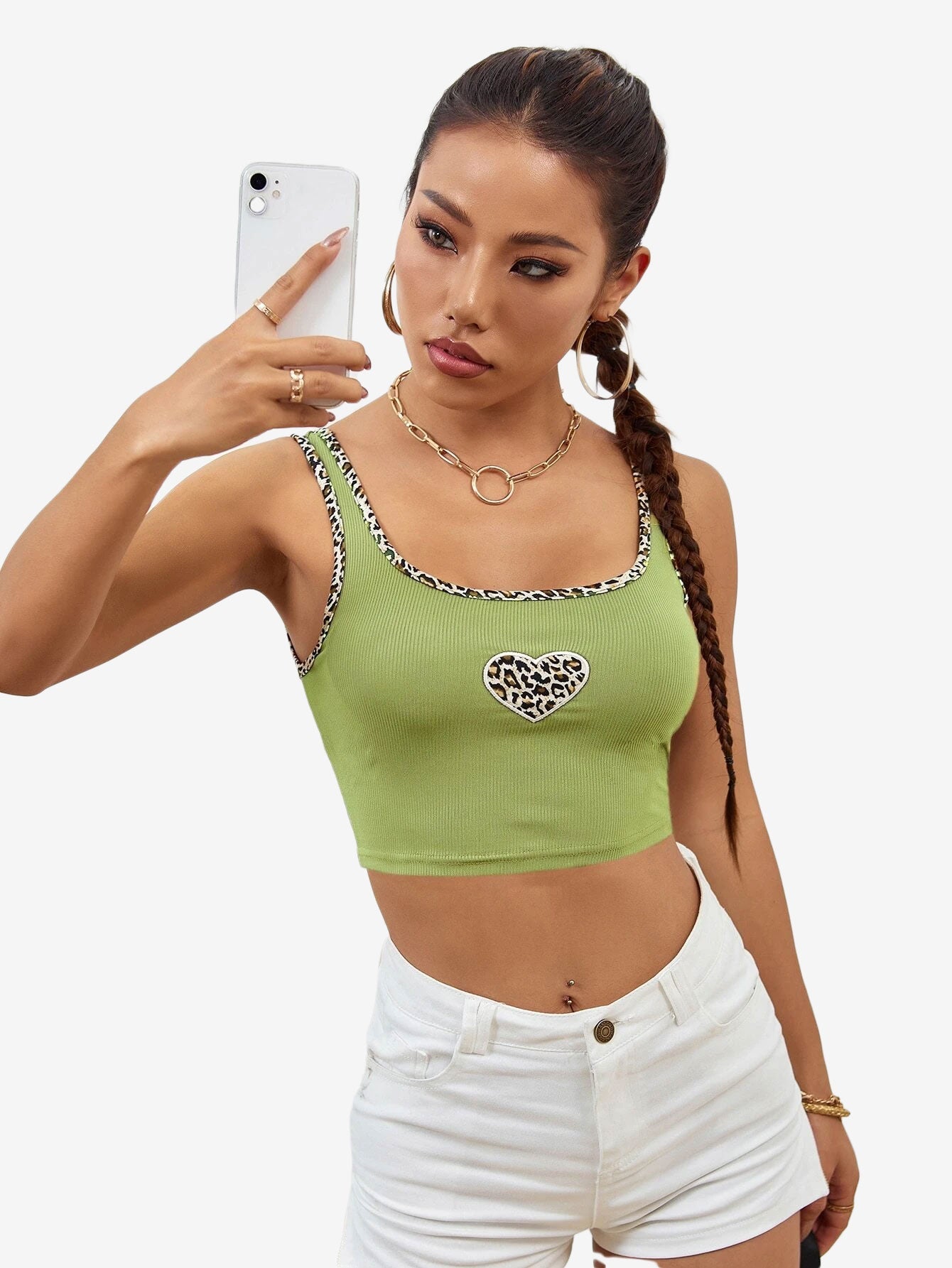 Leopard Binding Heart Embroidery Tank Top