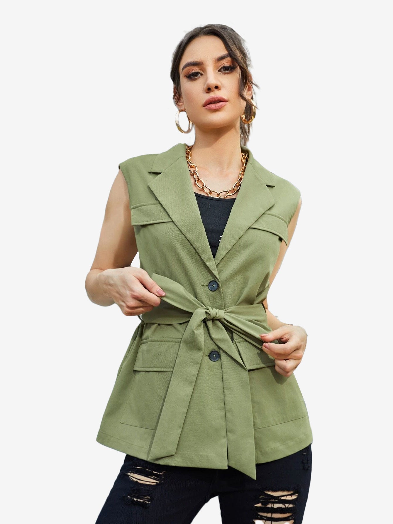 Autumn Lapel Neck Flap Pocket Belted Vest Blazer