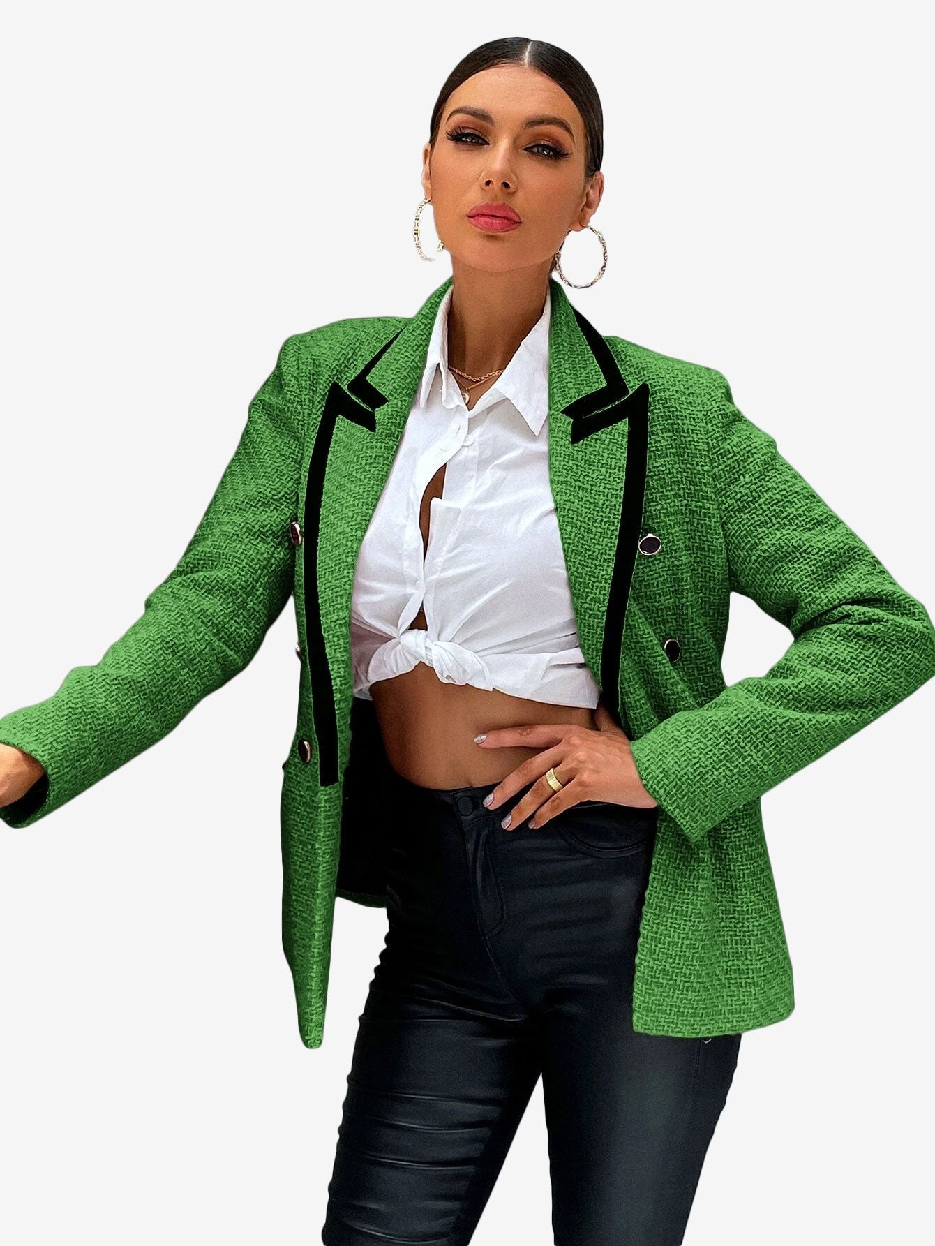 Contrast Binding Peak Collar Double Breasted Overcoat