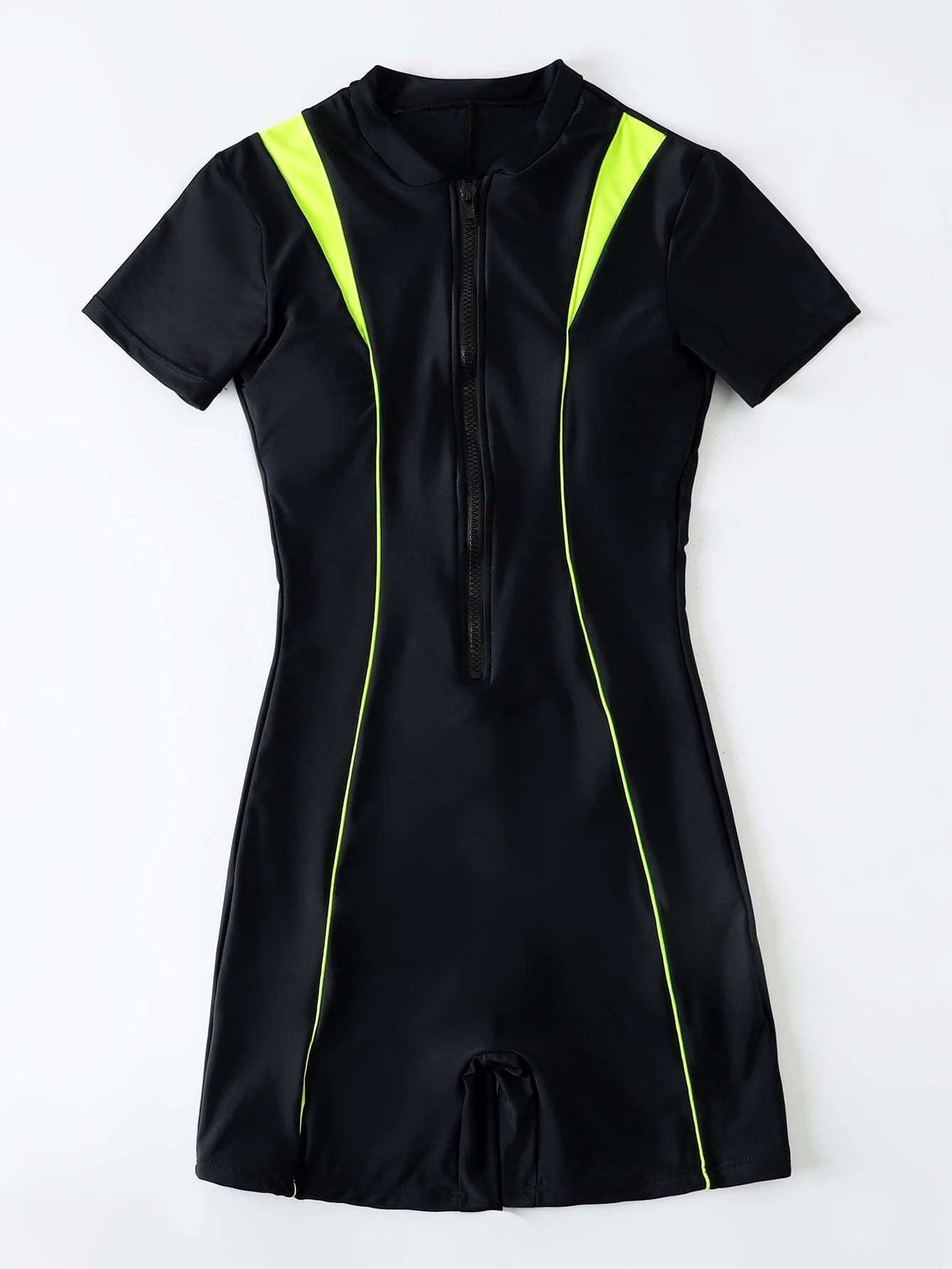 Contrast Binding Zipper Front One Piece Swimsuit
