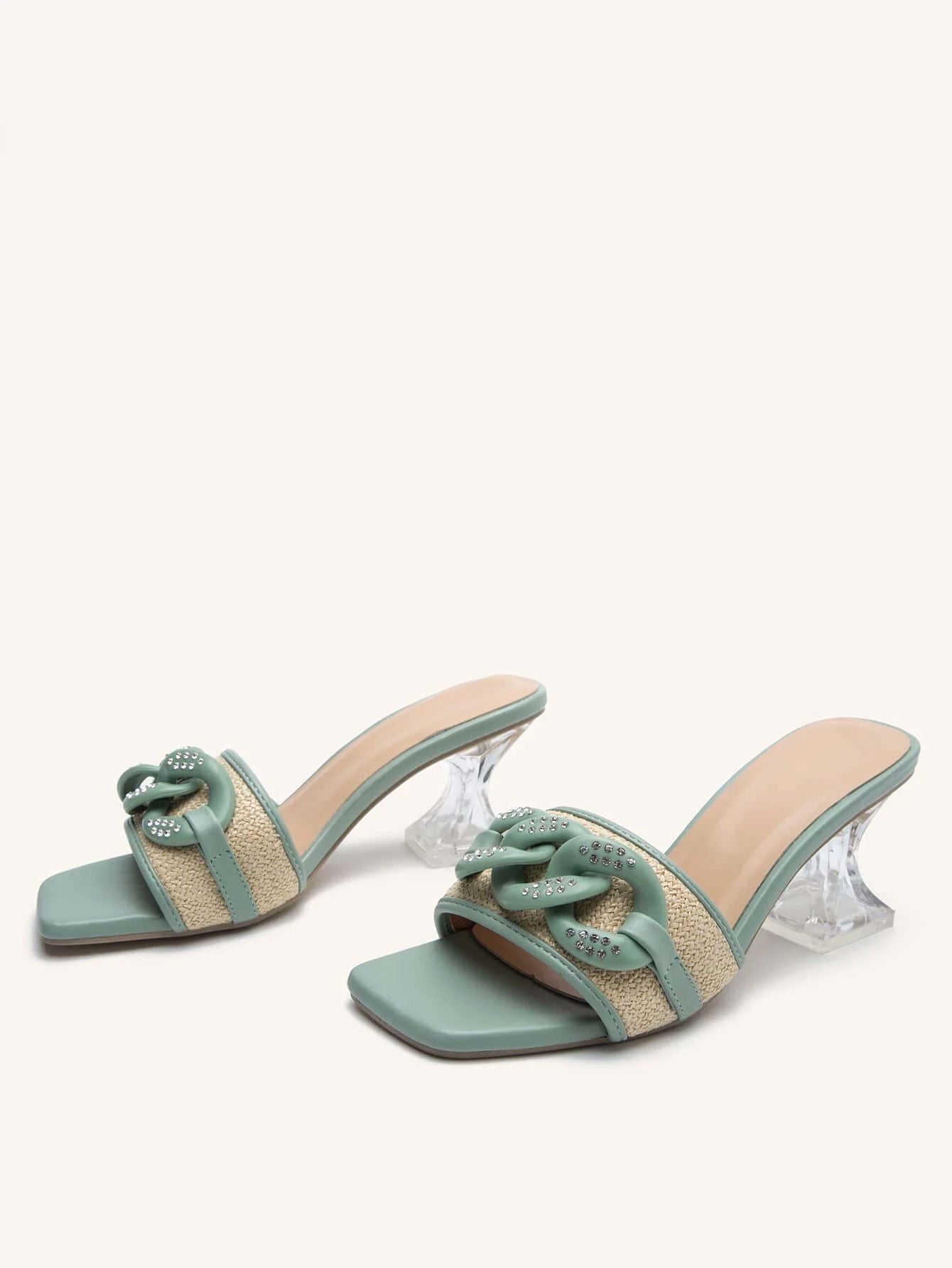 Chain Decor Pyramid Heeled Sandal Mules